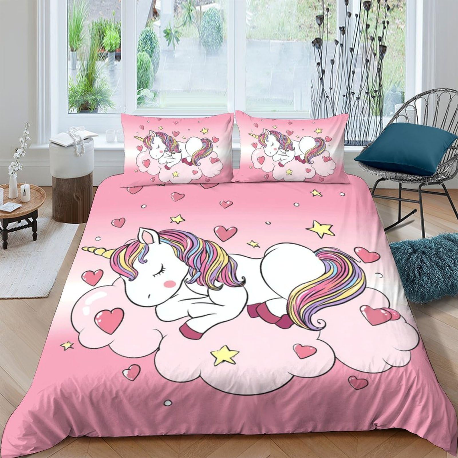 Ctjqhvkz Style-1 3D Printed Pink Unicorn Fitted Sheet Microfiber Non Slip Heart Cloud Bed Cover For Bedroom Guest Room Easy Care Single（135X200cm）