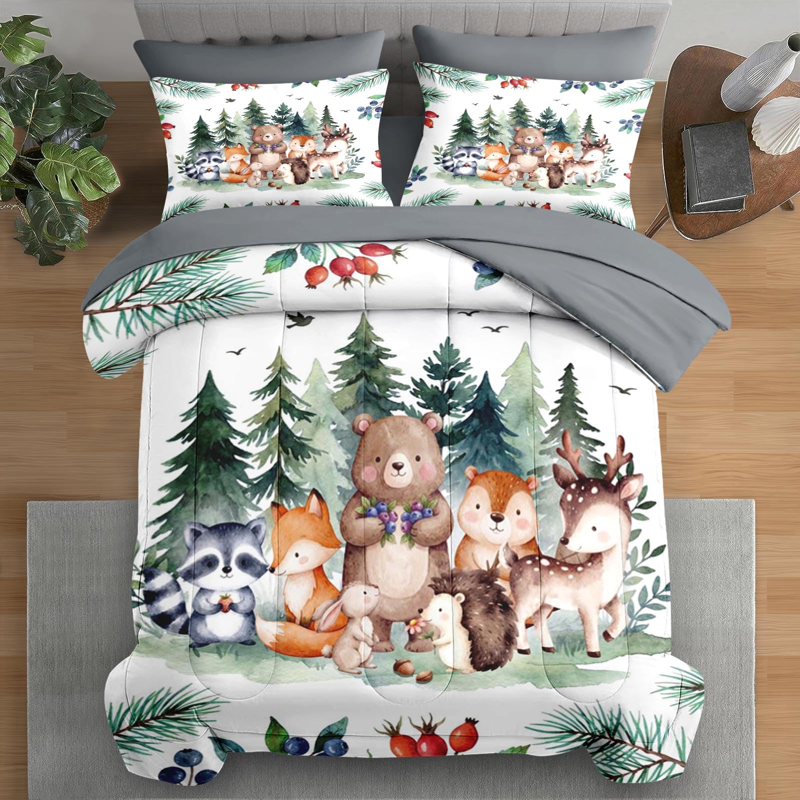Photo 1 of Pamnest Comforter Set Queen Size, Woodland Animal 7 Pcs Bedding for Kids and Adults, Fox Cute Bear Bed Sheet Sets with Fitted Sheet 2 Pillowcases & 2 Shams for Bedroom Bed Decor