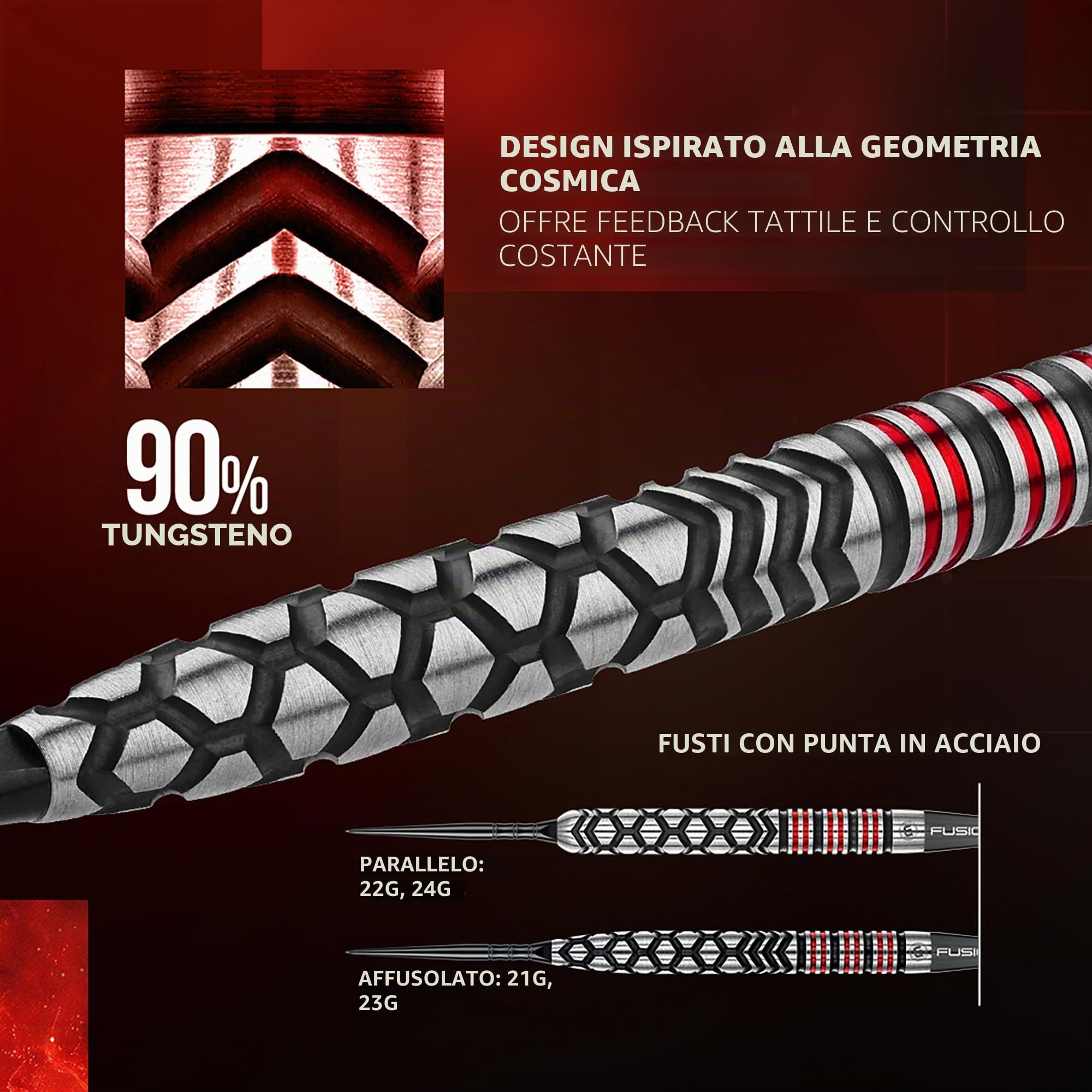 WINMAU Darts-Fornax – Set di freccette professionali al 90% in tungsteno, tecnologia Switch Point, fusti paralleli neri e rossi, 2 punti intercambiabili (onda e liscia), sistema di cambio rapido |
