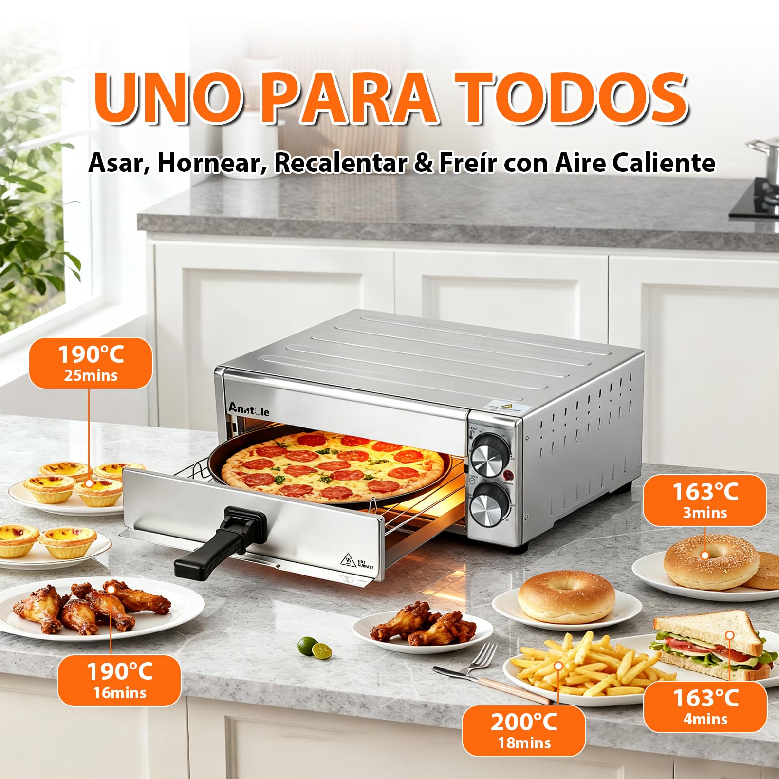 Anatole Horno de Pizza Eléctrico Freidora de Aire Acero Inoxidable 12" 1800W Pizzera Sobremesa Tiempo Temperatura Ajustable Pizza Oven Interior Multifuncional con Parrilla Bandeja Extraíble