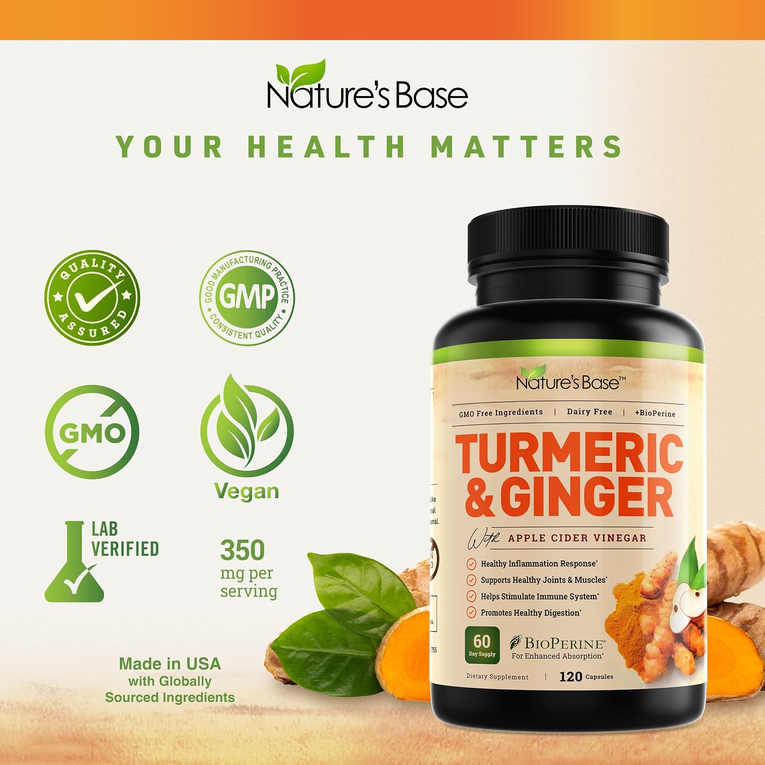 Turmeric Curcumin Supplement with Ginger & Apple Cider Vinegar (120 Count), BioPerine Black Pepper, Tumeric & Ginger, 95% Curcuminoids & Joint Supplement, Antioxidant Tumeric Supplements Capsules…