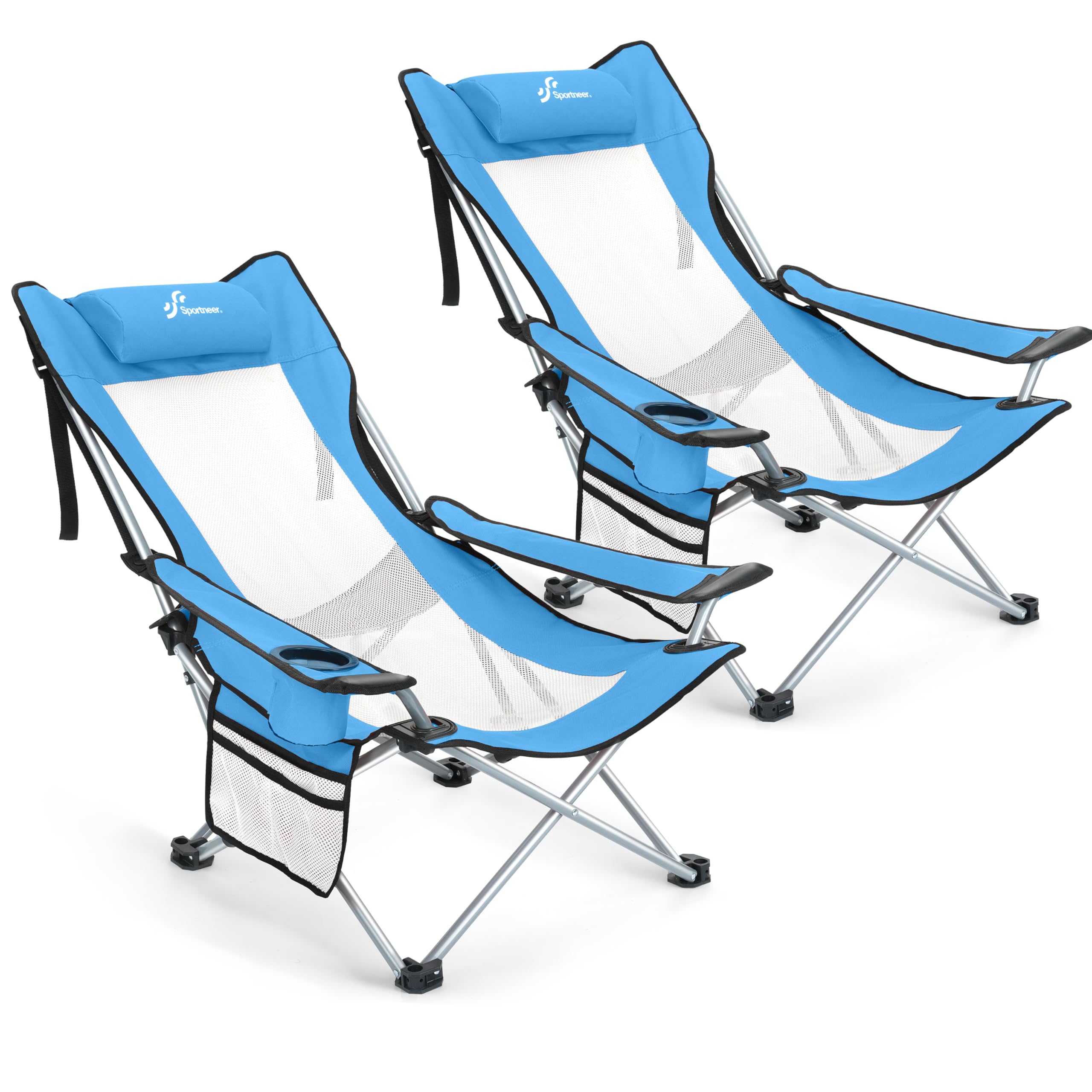 Sportneer Folding Beach Chairs for Adults, Camping Chairs Adjustable Reclining Chairs Portable Foldable Beach Chairs with Cup Holder for Beach Camping Sports Concerts Outdoor
