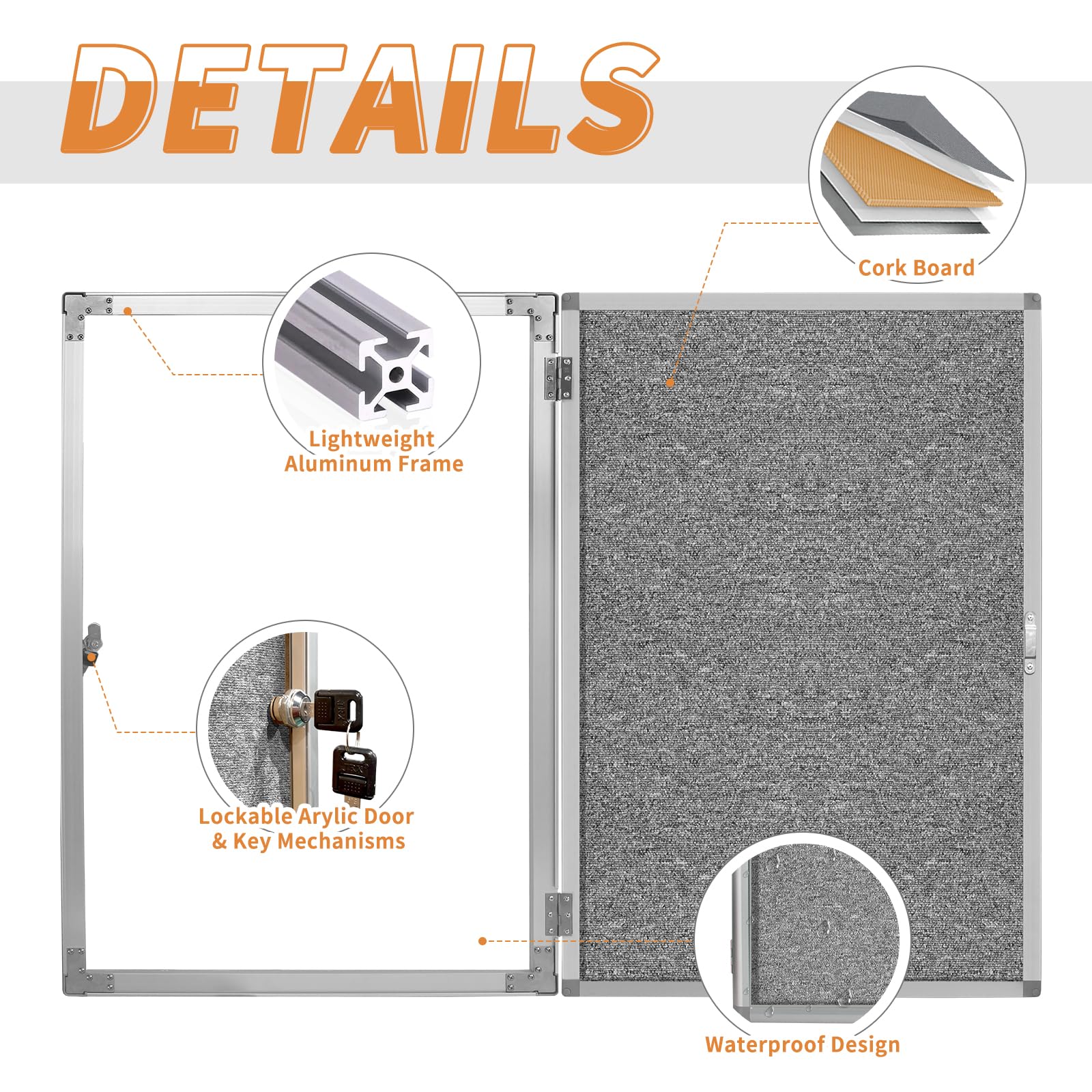 Mifuro 36"x24" Enclosed Bulletin Board, Outdoor Lockable Weather-Resistant Aluminum Cork Noticeboard For School & Office, Black Frame W/Grey Flet