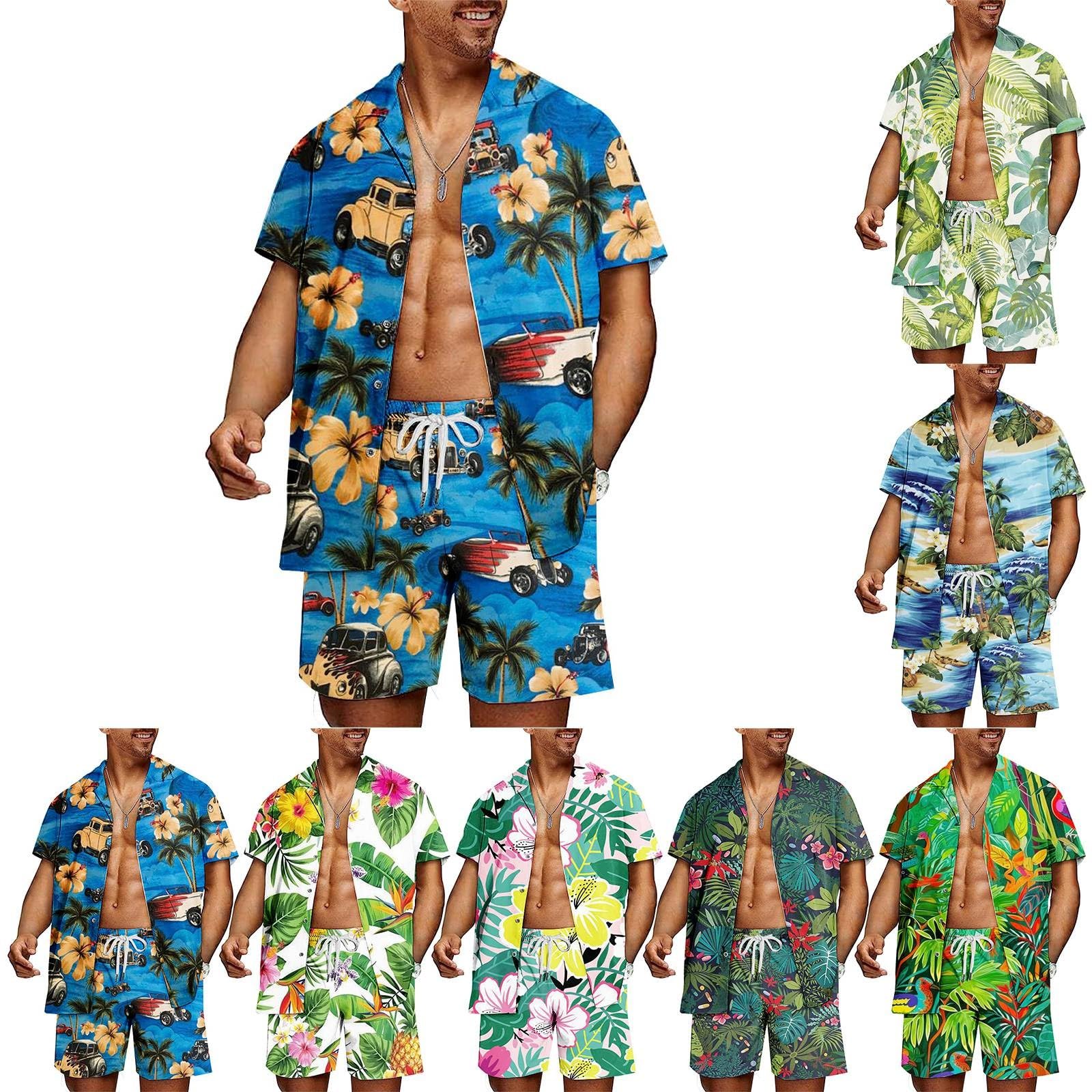 Conjuntos de Playa con Botones Y Forro de CompresióN Traje Hawaiano Camisa Manga Corta Y Pantalones Cortos Conjunto de Vacaciones para Hombres 2 Piezas Camisa Hawaiana Y Conjunto Corto
