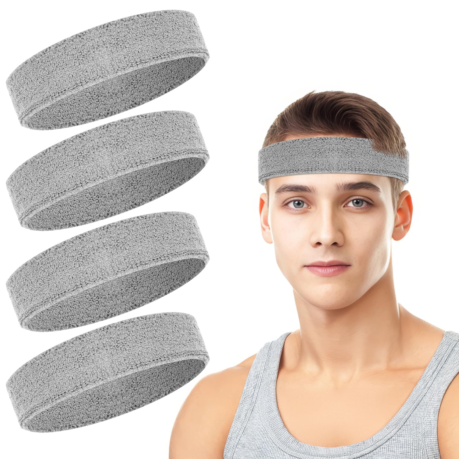 4 Pack Headbands for Men, Sweat Bands Headbands Men & Women, Cotton Terry Sweat Bands for Tennis, Basketball, Running, Gym, Working Out