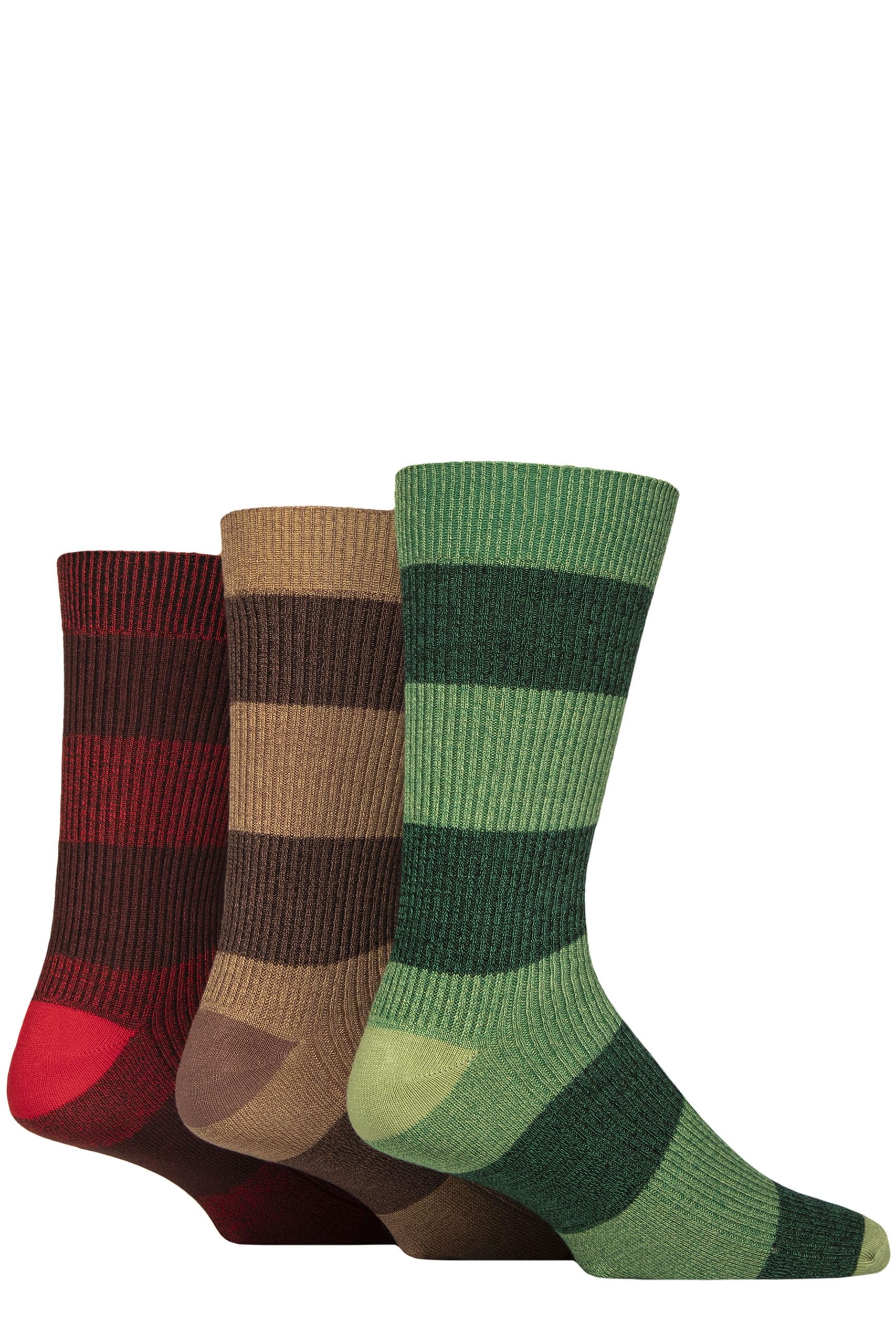 Glenmuir Men's Block Stripes Green / Red / Brown Bamboo Leisure Socks - Plain, Patterned, Striped, Ribbed, Crew Length, Calf Length, Soft, Smooth, Breathable, Cooling, 3 Pair Multipack Size 7-11 Block Stripes Green/Red/Brown