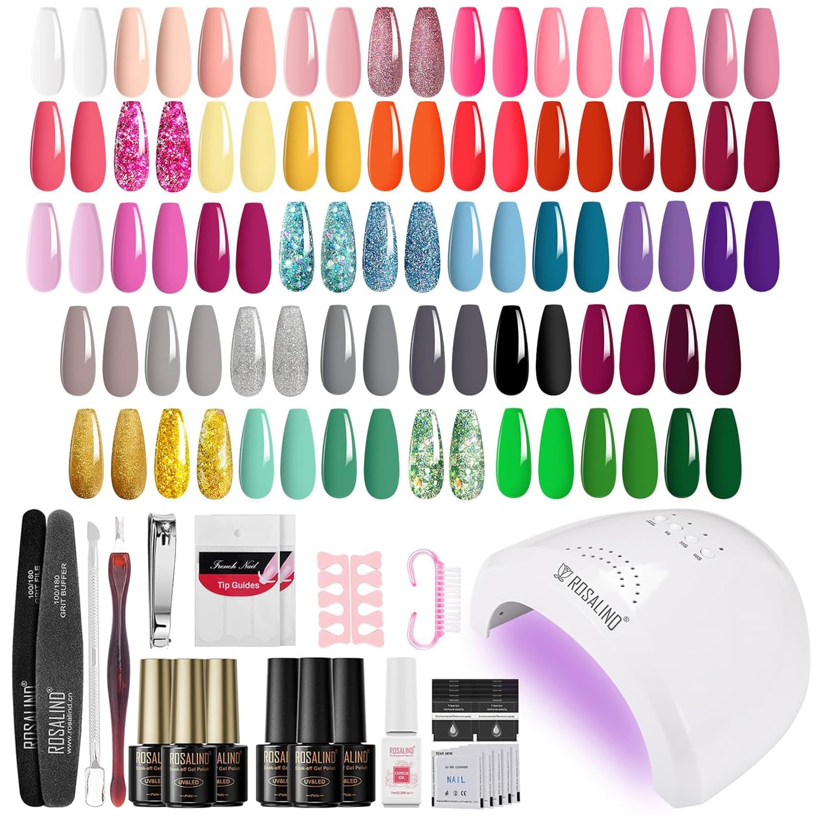 ROSALIND Kit Uñas Semipermanentes con Lámpara 48W, 43 Colores Esmaltes Semipermanentes Rosa Rojo Azul Morado Gris Verde Uñas Semipermanentes Kit Completo Regalos Principiantes
