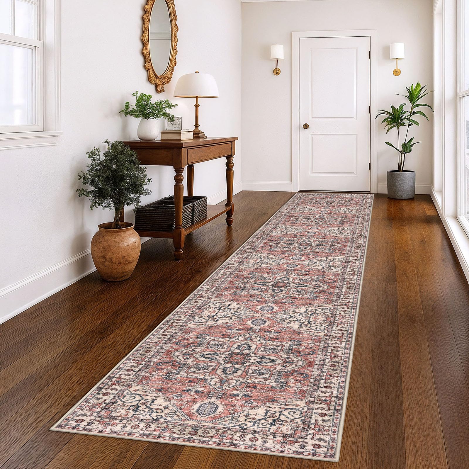 KOZYFLY Runners for Hallways 3x14 Ft Extra Long Washable Faux Wool Stair Thin Runner Rug Printed Hallway Carpet for Entryway Bedroom Stairs Kitchen Floor Accent, Terracotta/Beige โ image 1