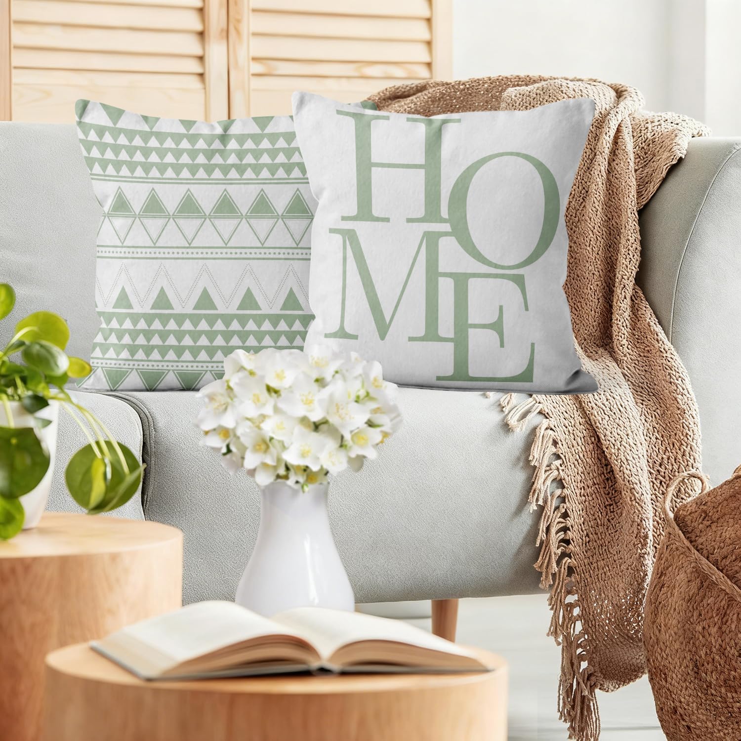 Verde Fundas de Cojín 40x40 Juego de 4, Moderno Geometría Verde Blanco Cuadrado Sofá Decorativo Cojín de Almohada, Masía Rústica Lavable Poliéster Textil Exterior Jardín Funda de Almohada