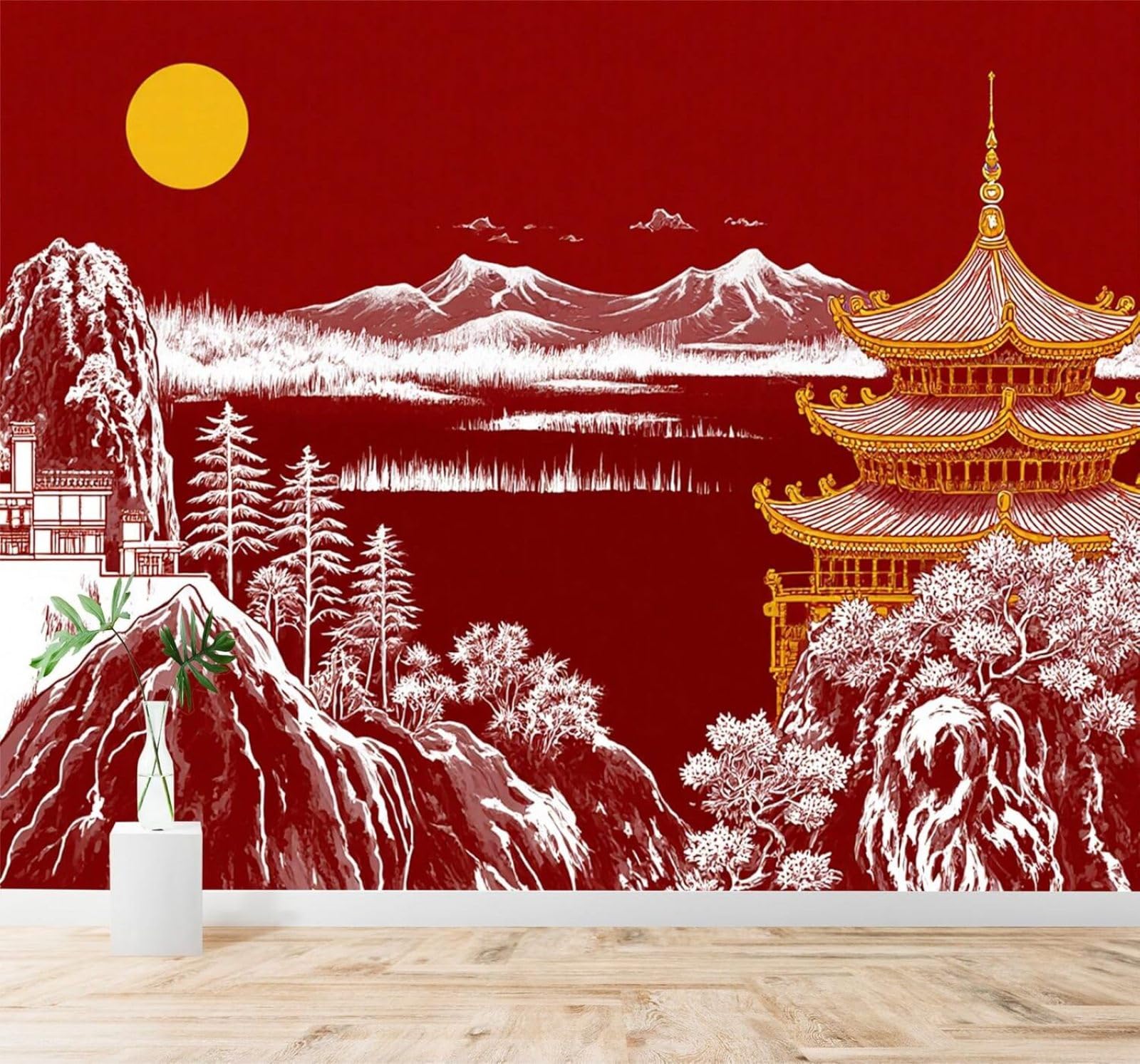 XLMING Creative Red Landscape Architecture Sunset Scenery 3D Wallpaper Premium Textured Silk Study Dining Living Room Bedroom Sofa TV Wall Easy Install-300cm×210cm