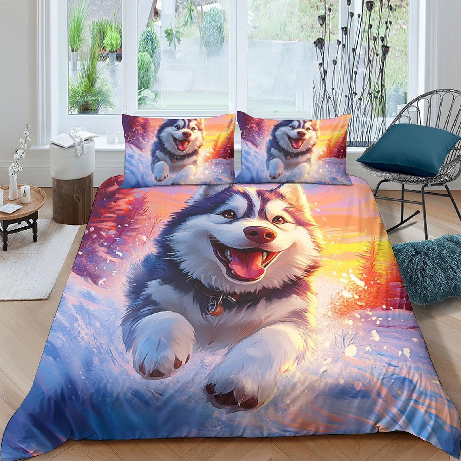 Ctjqhvkz Style-2 3D Printed Husky Dog Fitted Sheet Microfiber Soft Blue Sunset Art Bed Cover For Bedroom Guest Room Mattress Decor Single（135X200cm）