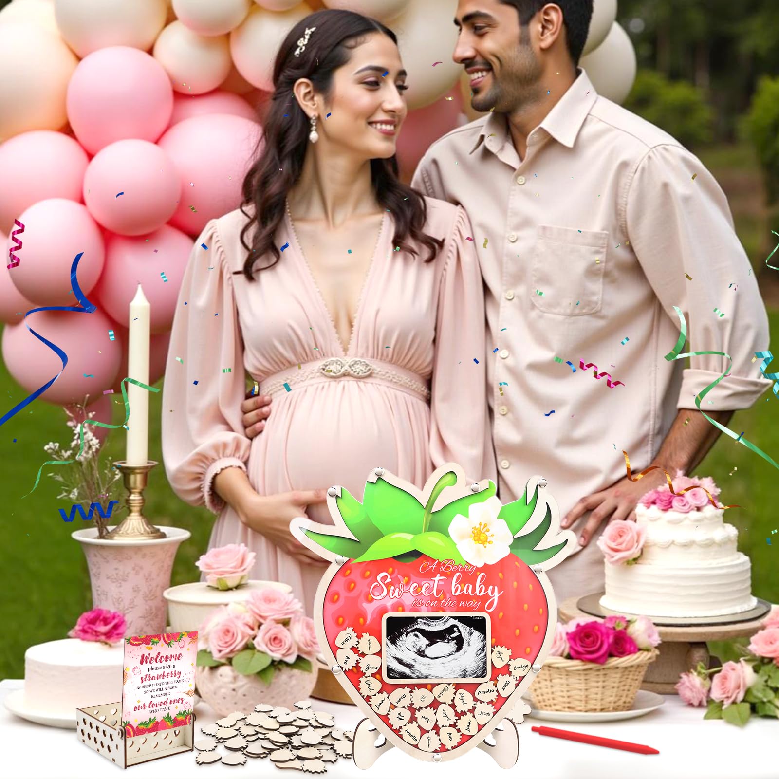 Baby Shower Guest Book Alternatives Strawberry - 63 Pcs Berry Sweet Baby Shower Decorations Guest Book - Strawberry Gender Reveal Decorations with Pen, 60 Wood Slices, Sonogram Photo Frame Keepsake for 60 Guests