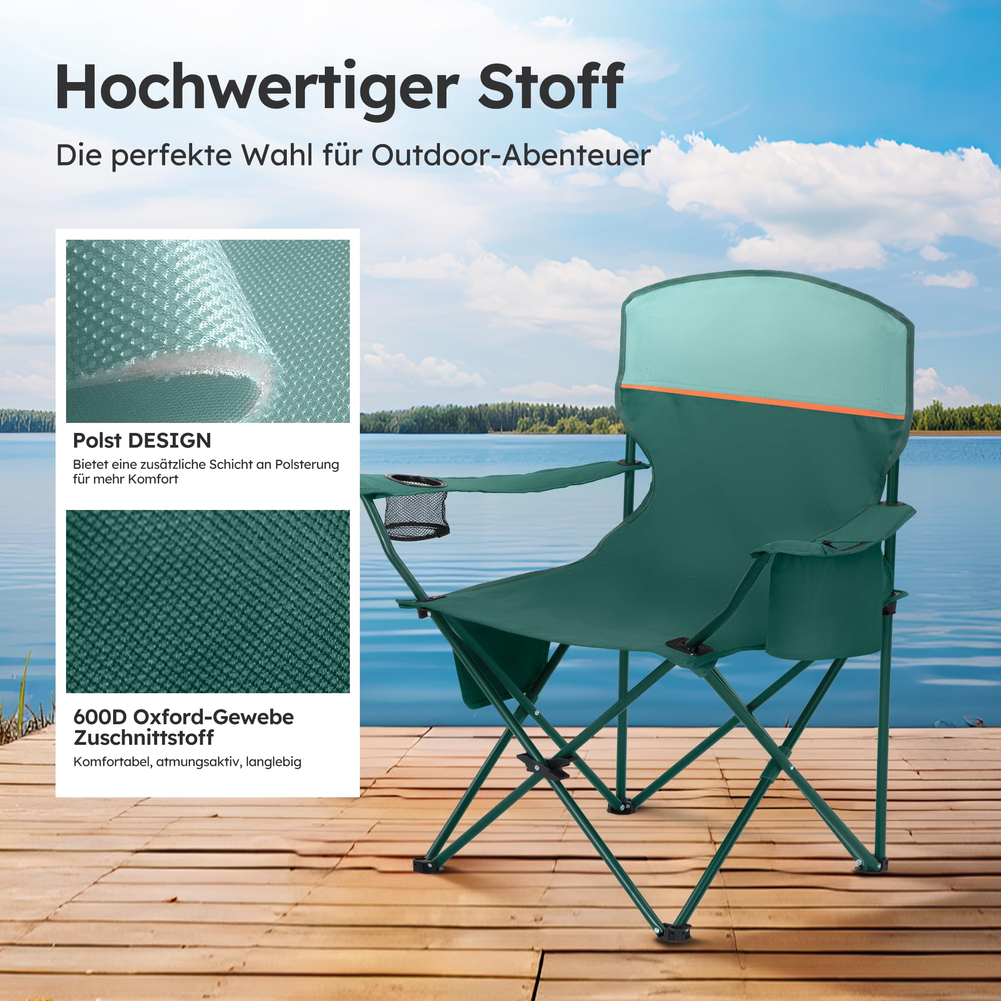 LET'S CAMP Juego de 2 sillas plegables de camping con soporte para bebidas, silla plegable con reposabrazos, color verde