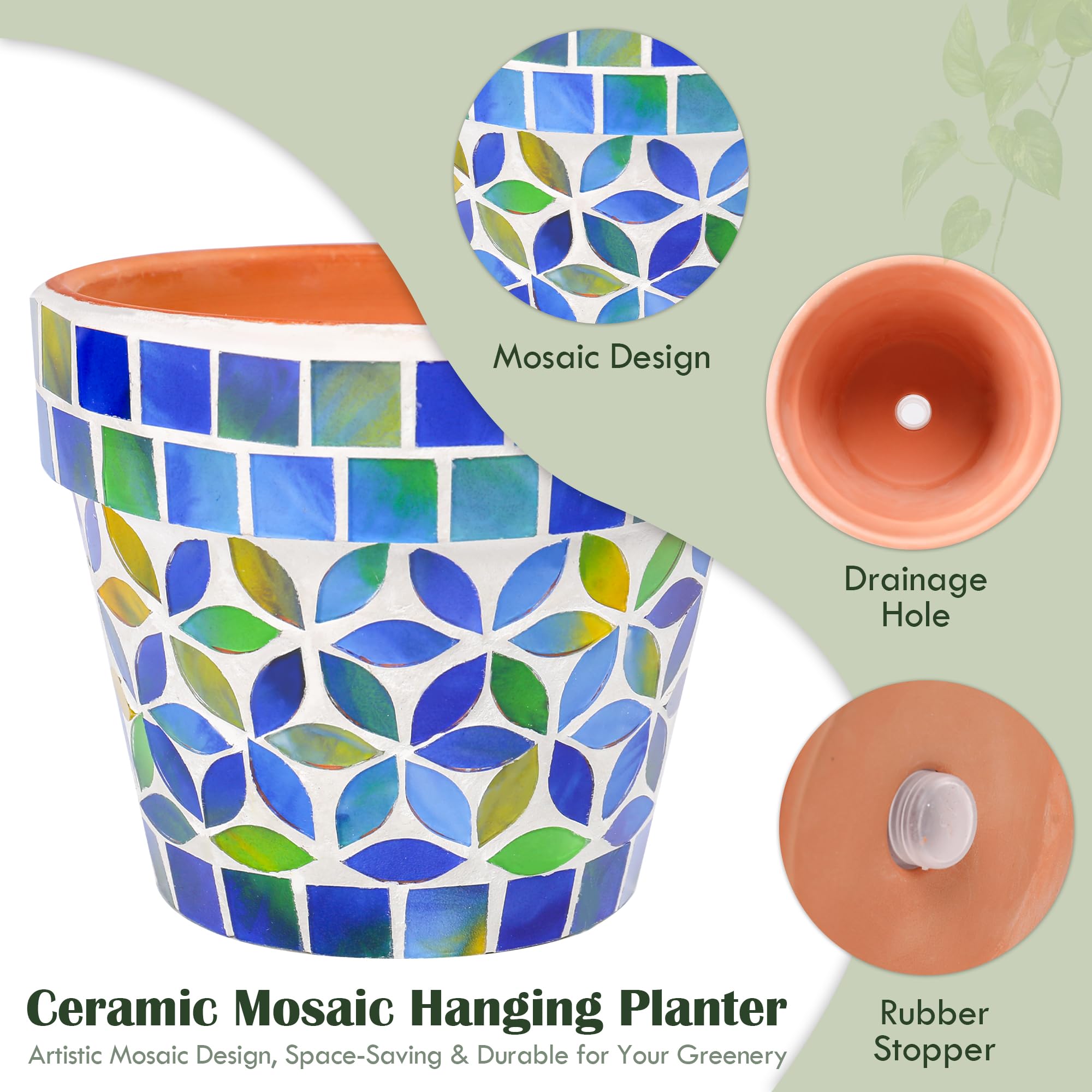 Kleiner Mosaik Blumentopf Blumentöpfe Keramik Pflanzgefäß mit Drainageloch Kleiner Keramiktopf für Innen Außen Pflanzen Sukkulenten Töpfe Blau mit Blumen Design
