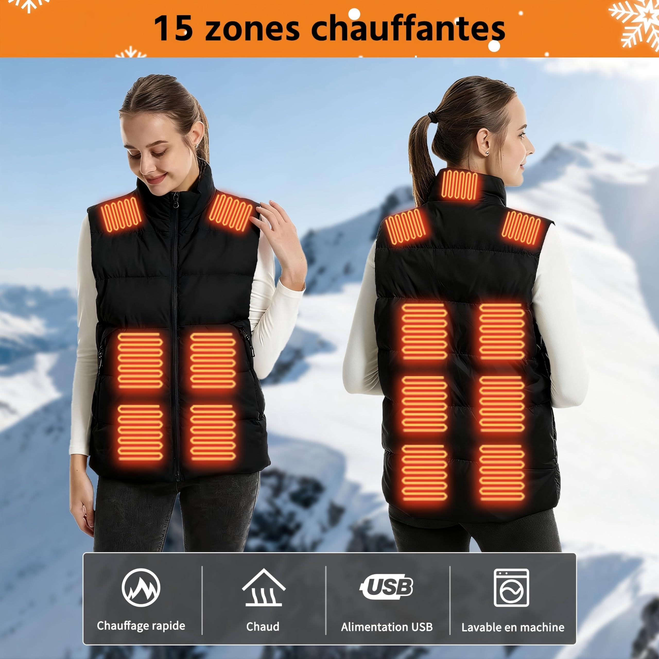 Gilet Chauffant, Veste Chauffante Femme avec Batterie, Doudoune sans Manche Chauffante Convient pour le Ski de Plein Air