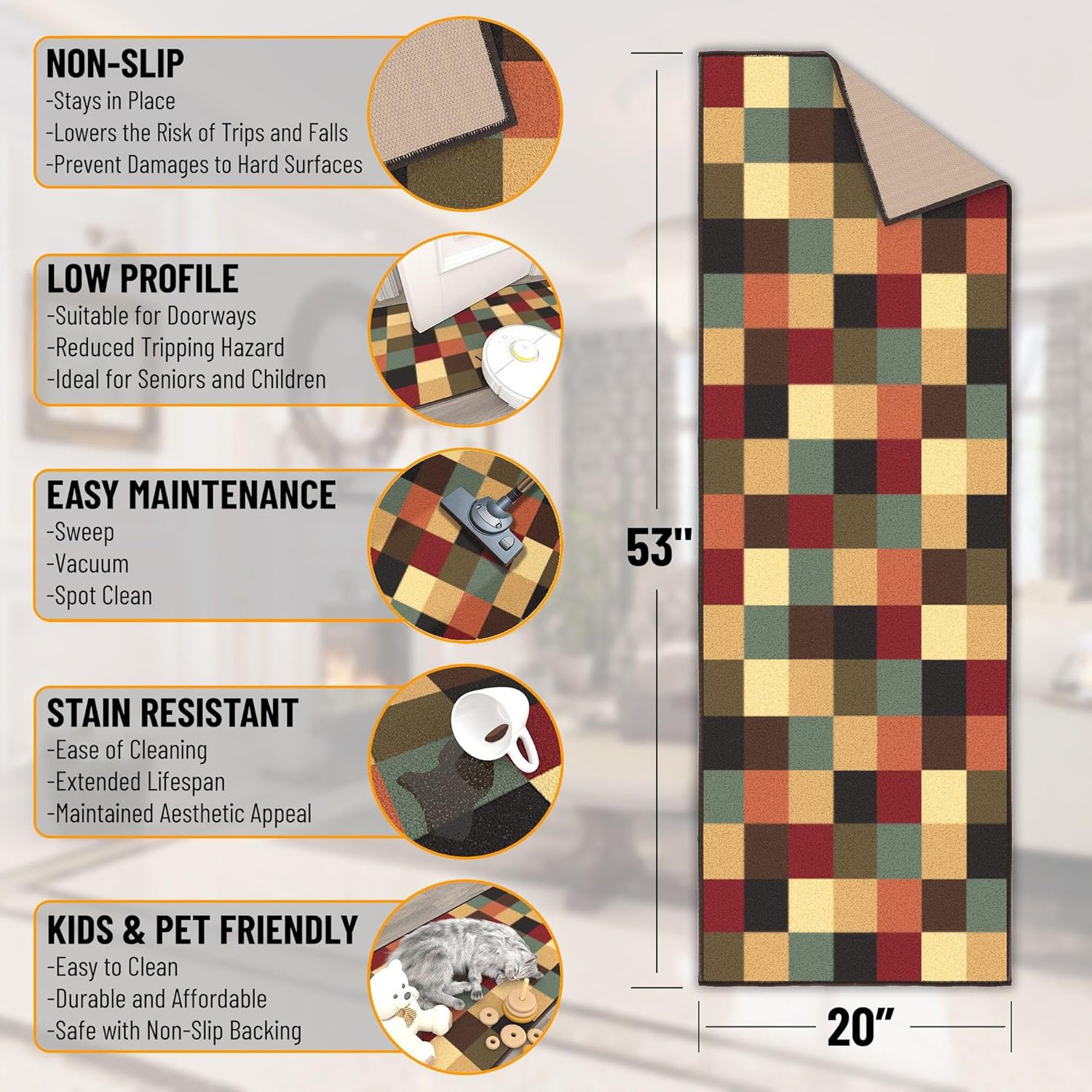 Ottomanson 20" x 53" Kitchen Runner Rug – Non Slip Stain Resistant Low Pile Kitchen Floor Mat for Sink, Laundry Room, Hallway & Bathroom, Checkered Multicolor