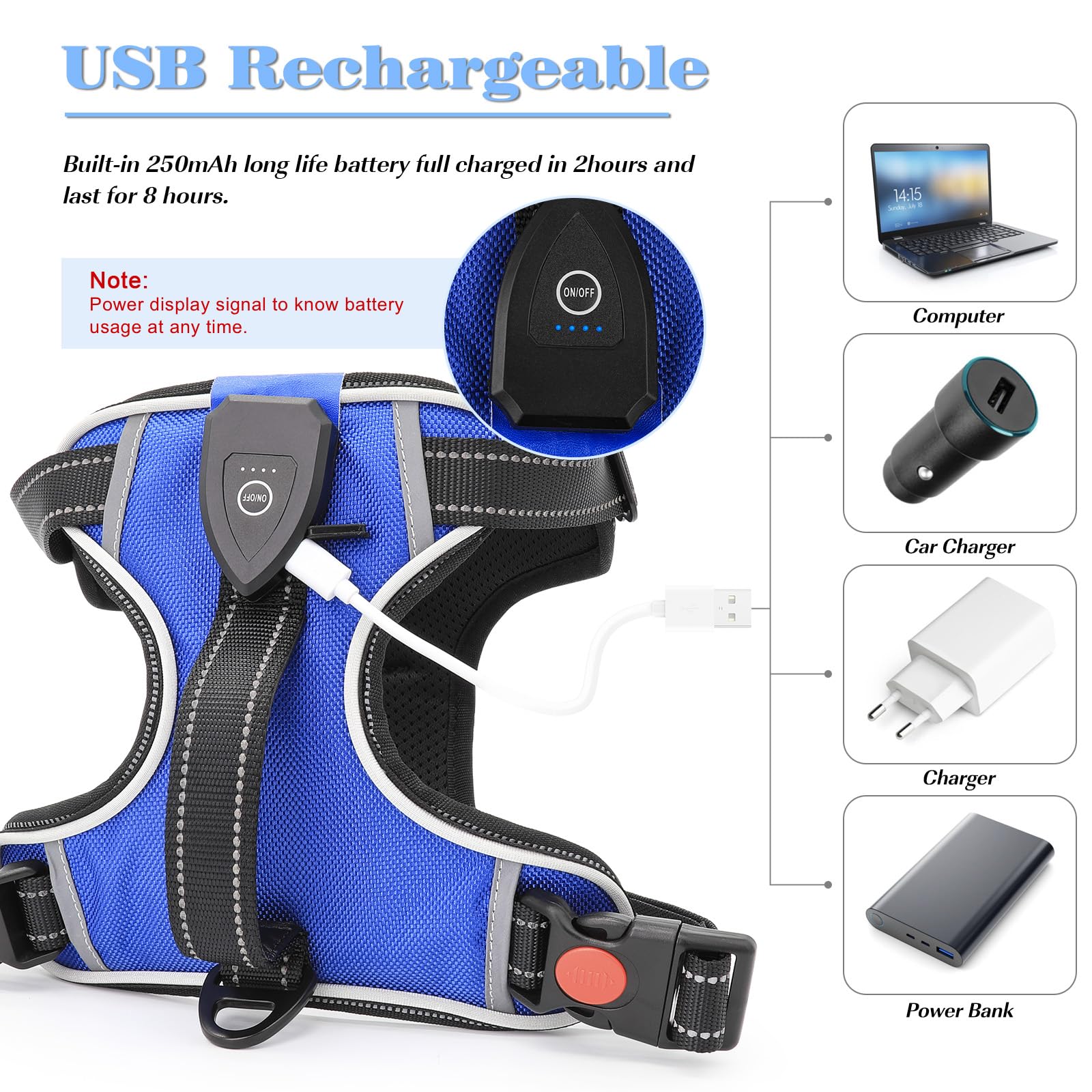 YFbrite Light up Dog Harness, Adjustable Waterproof LED Dog Harness for Small Medium and Large Dogs (Blue, X-Large) - Image 3