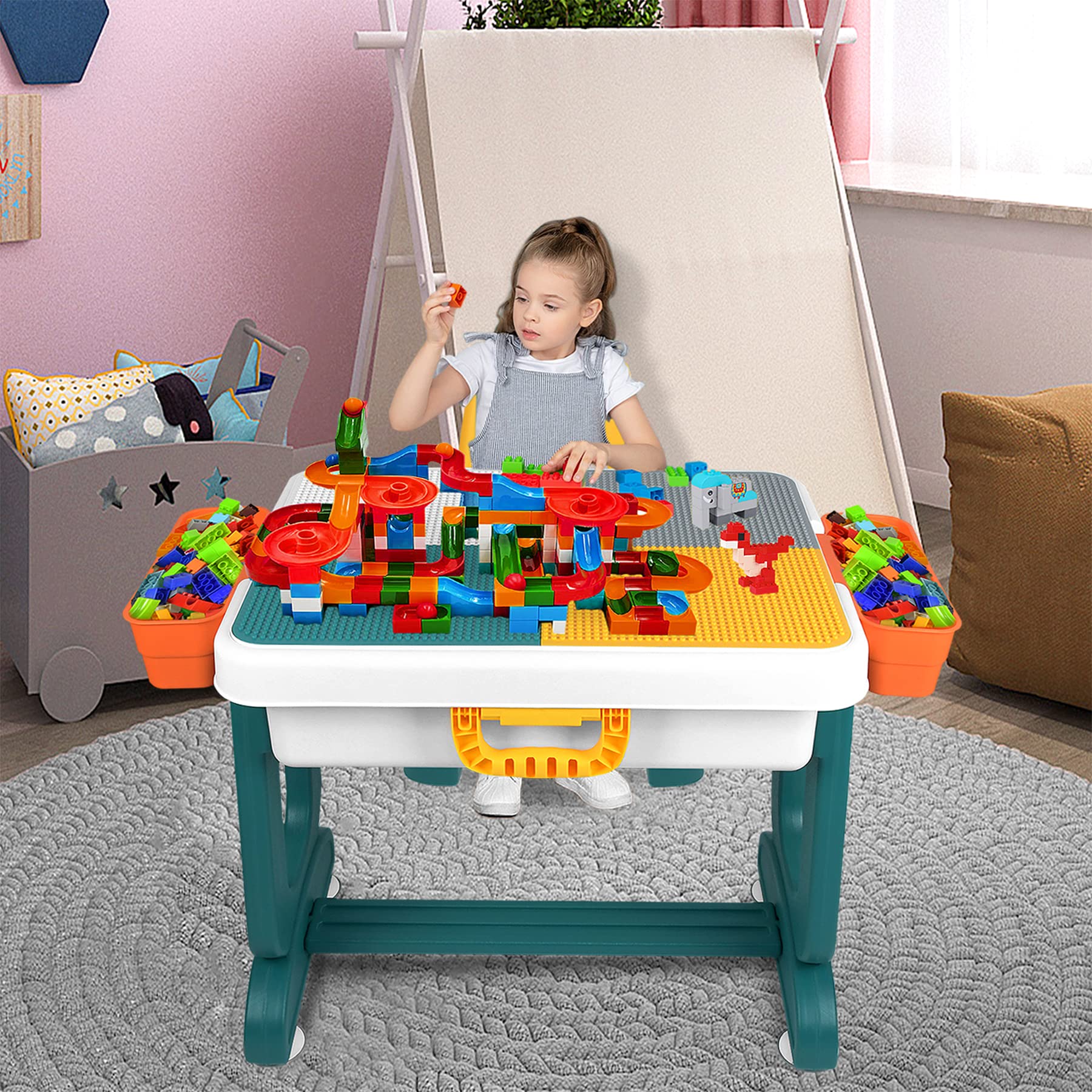 Froadp Tavolino per Bambini con 1 Sedia Tavolo Multiattivita Tavolo da Gioco con Scatola di Immagazzinaggio Blocchi da Costruzione Set di Tavoli e Sedie per Ragazzi e Ragazze (Tipo B)