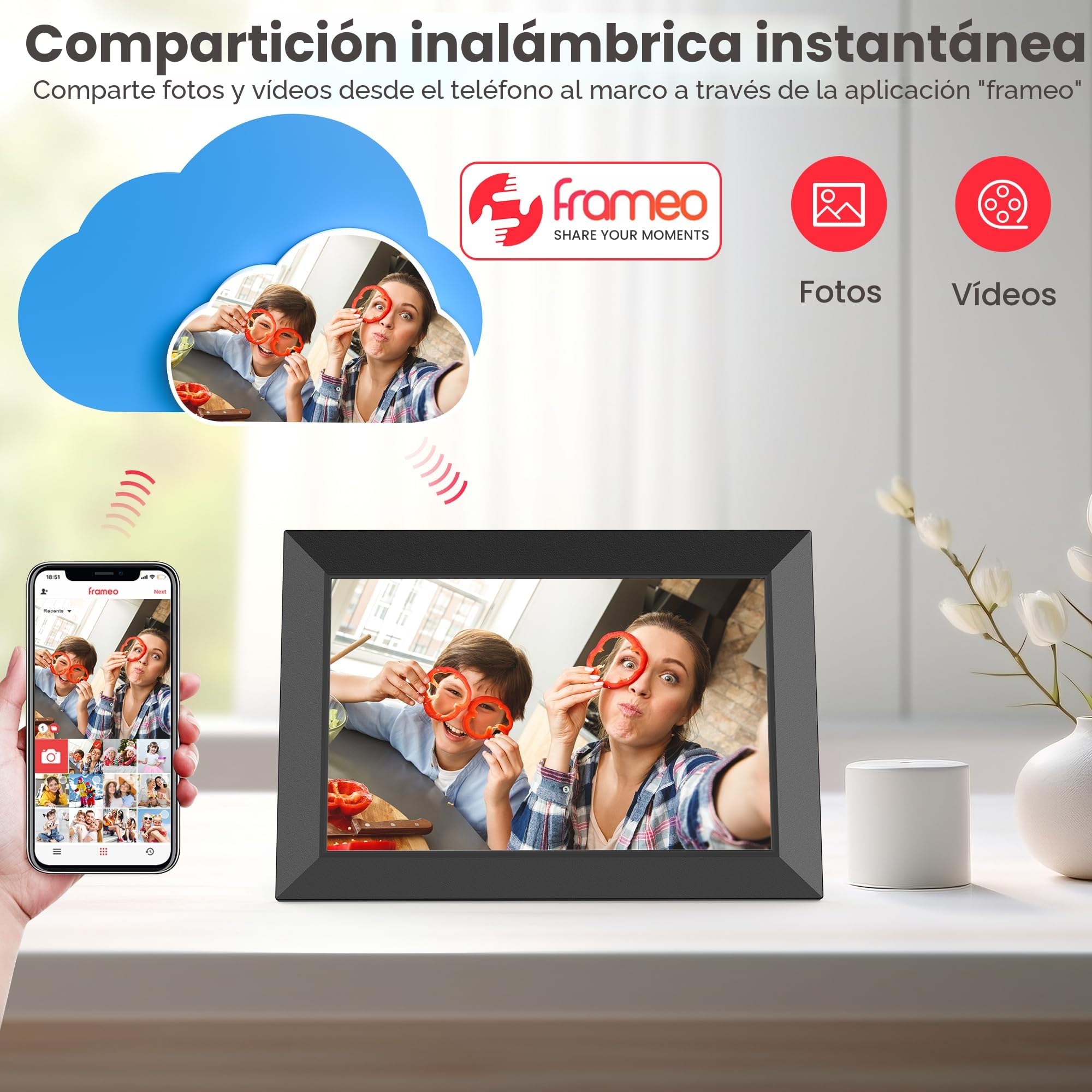 Frameo Marco de Fotos Digital WiFi 10.1 Pulgadas, Memoria Incorporada 32GB, HD 1280x800 IPS, Pantalla Táctil para Fotos/Videos, Soporte Multilingüe, Rotación Automática, Montaje en Pared