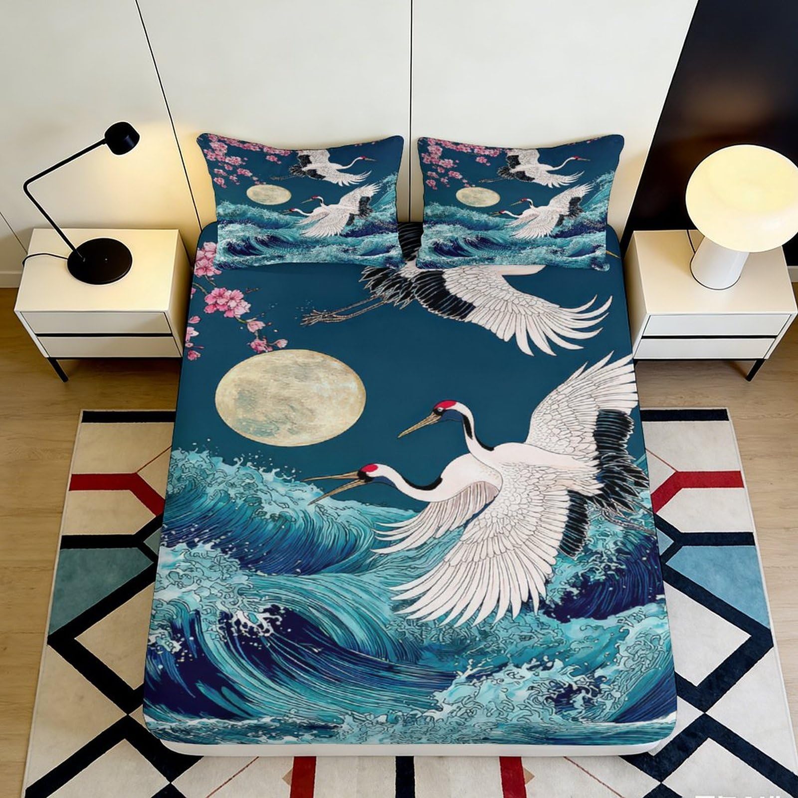 3D Printed Crane Pattern Fitted Sheet Microfiber Soft Durable Moonlight Wave Mattress Cover for Bedroom Dormitory Guest Room Protection Decoration 120x200x25cm