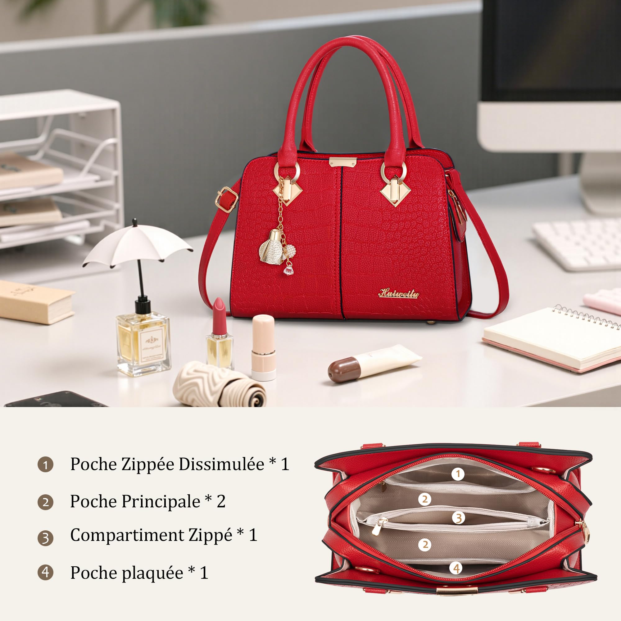 Femme Sac à Main Elégant Top Poignée Sacs à Bandoulière avec Exquis Pendentif PU Cuir Dames Sac Fourre Tout pour Travail Achats Rouge A
