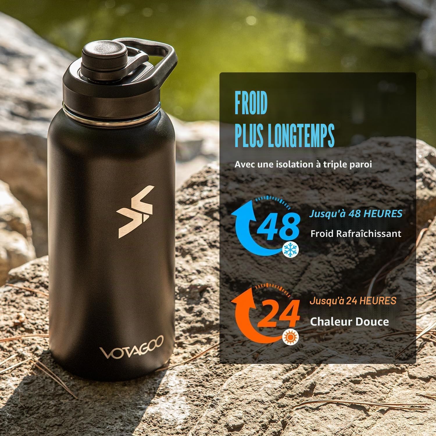 Bouteille d'eau tactique en acier inoxydable - Bouteille isotherme pour l'extérieur, la randonnée, le camping, la chasse - 32 oz - Noir