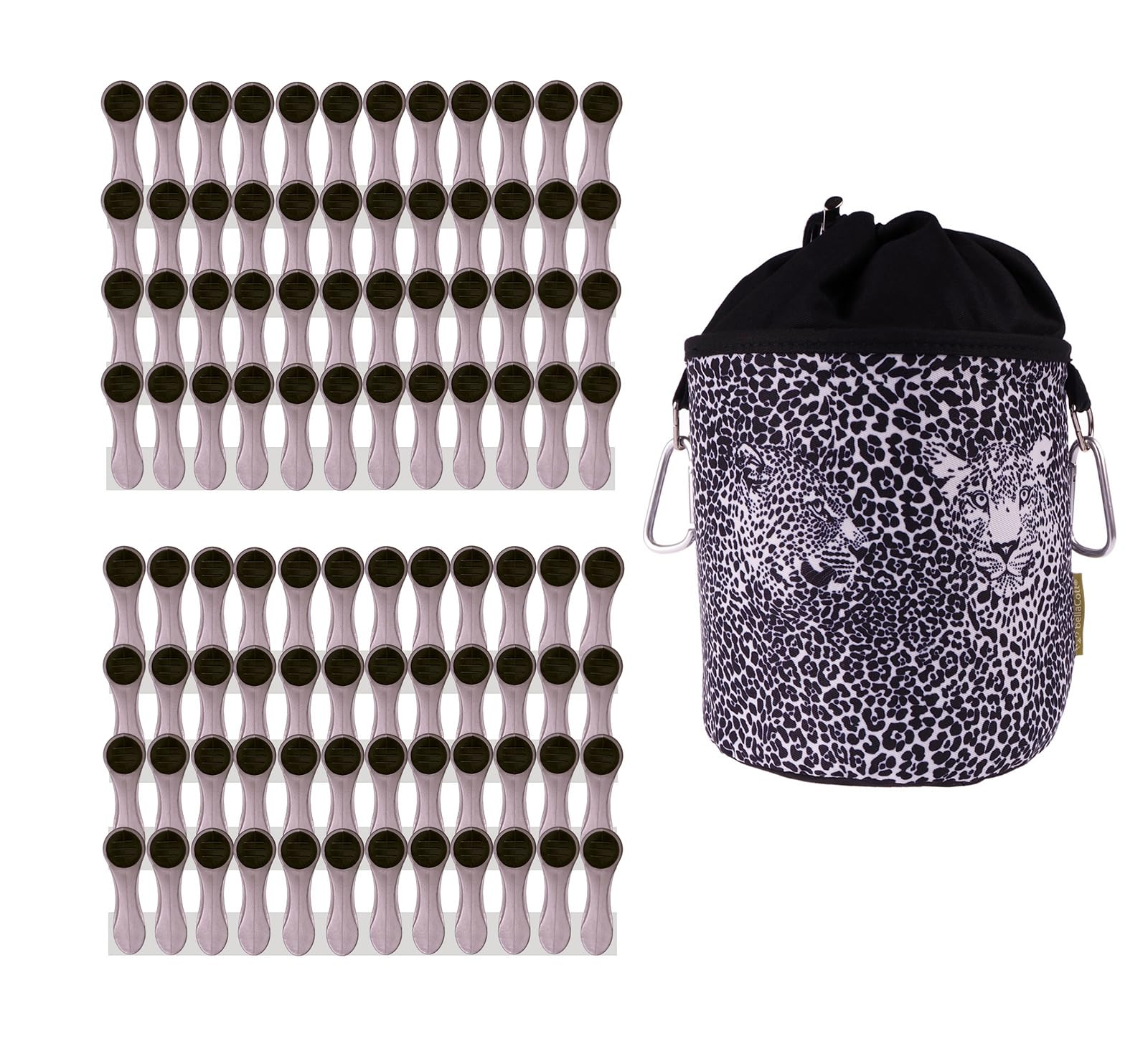 bellaCott Clothes Pegs with Spiral Springs Soft Grip Silver Anthracite and 1 x BellaCott Clothes Peg Bag Leopard Black