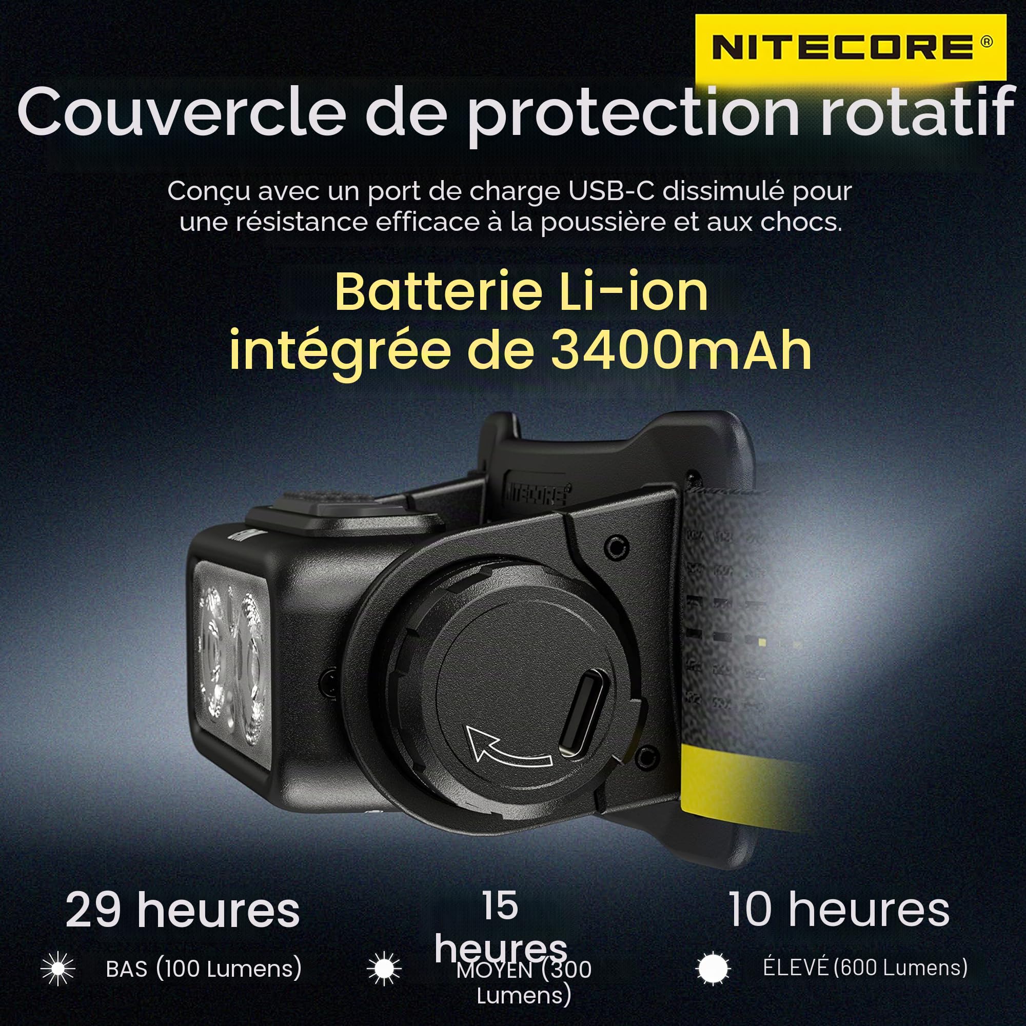 Nitecore NU43 Lampe frontale légère 1400 lumens avec batterie 3400 mAh rechargeable USB-C