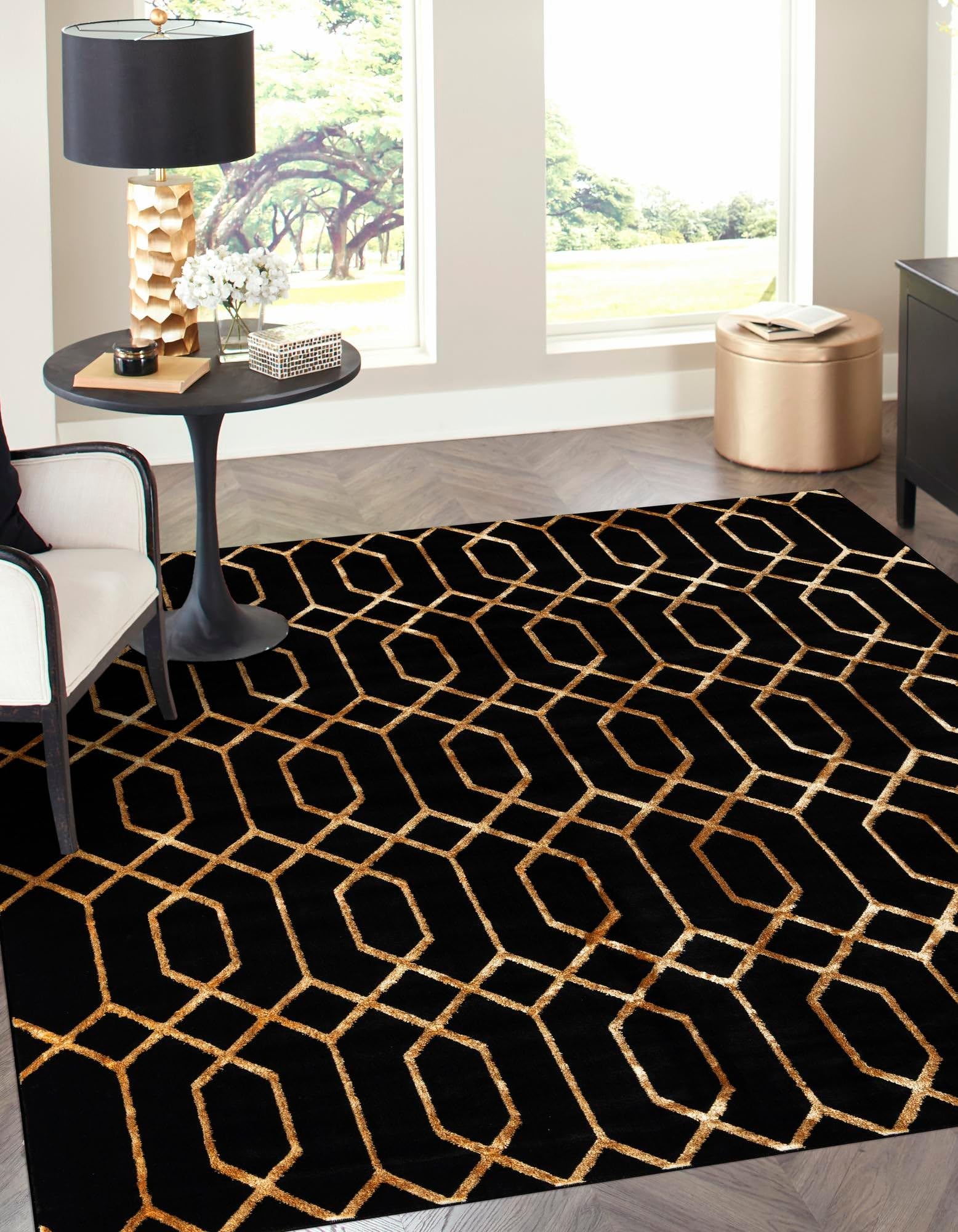 Rugs.com Glam Collection Rug – 10 Ft Square Black and Gold Medium-Pile Rug Perfect for Living Rooms, Kitchens, Entryways