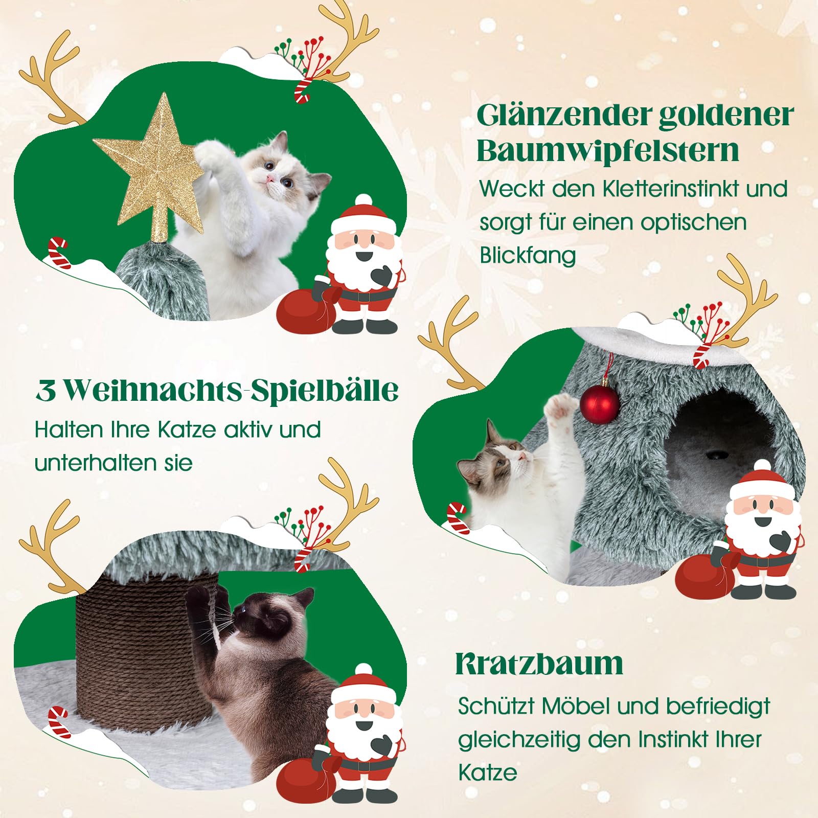 GYMAX 123 cm Kratzbaum Weihnachten, Katzenbaum mit 2 Höhlen, Sisal-Kratzsäuln & Kiefern-Stützsäulen, waschbarer Veloursbezug, Katzenkratzbaum Weihnachtsbaum, Aktivzentrum für Kätzchen, Grün