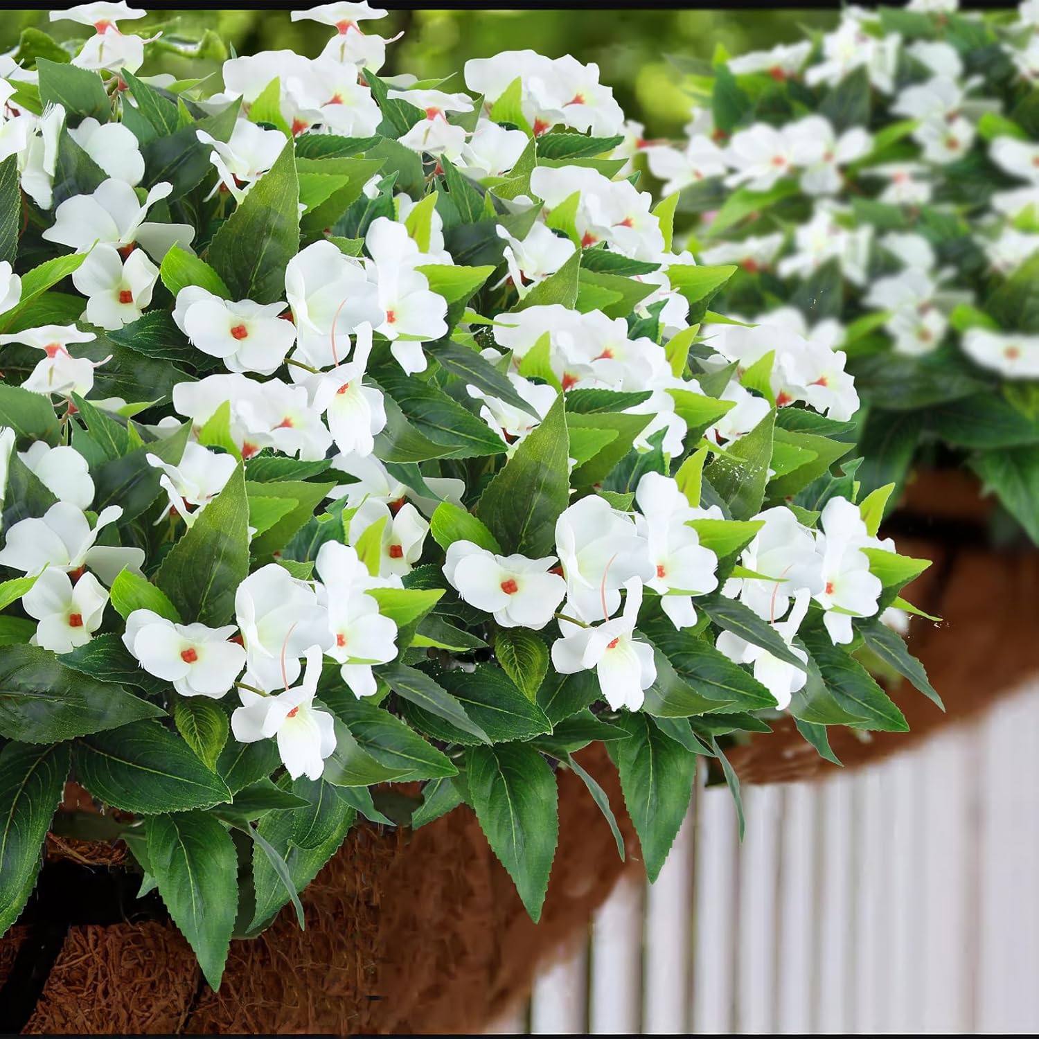 2 Pcs Artificial Impatiens Flowers for Outdoors Faux Impatiens Bushes White Silk Flowers Greenery Artificial Impatiens Bouquet for Patio Lawn Garden Pot Hanging Basket Porch Decoration - Image 6