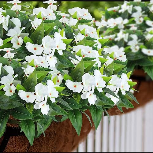 Miniatura 6 de 2 piezas de flores artificiales de impatiens para exteriores, arbustos de impatiens sintéticos, flores de seda blanca, ramo de impatiens