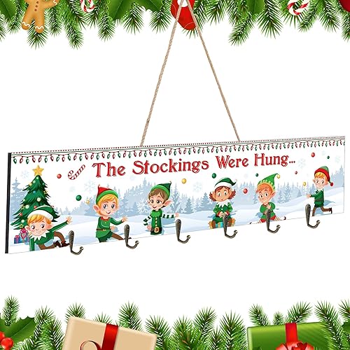 Miniatura 8 de Capoda Soporte para calcetines de Navidad con 6 ganchos de madera para colgar en la pared de mantel de Navidad, gancho decorativo para repisa