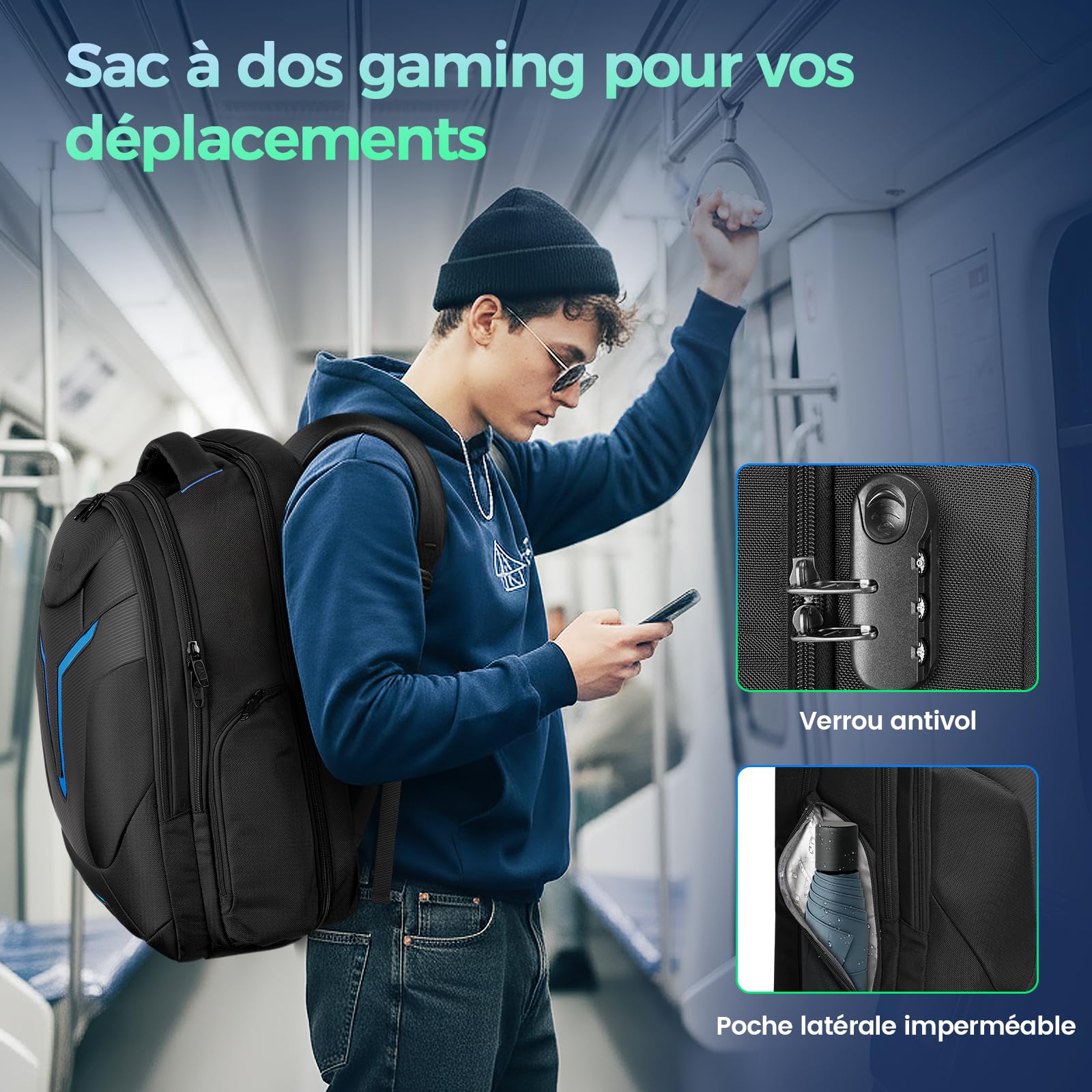 MATEIN Sac à Dos Ordinateur 18 Pouces, Sac a Dos PC Portable Gaming, Noir | Grand Sac à Dos Gaming pour Homme avec Housse de Pluie, Compartiment Isotherme, Serrure à combinaison, Idée Cadeau pour Gamer
