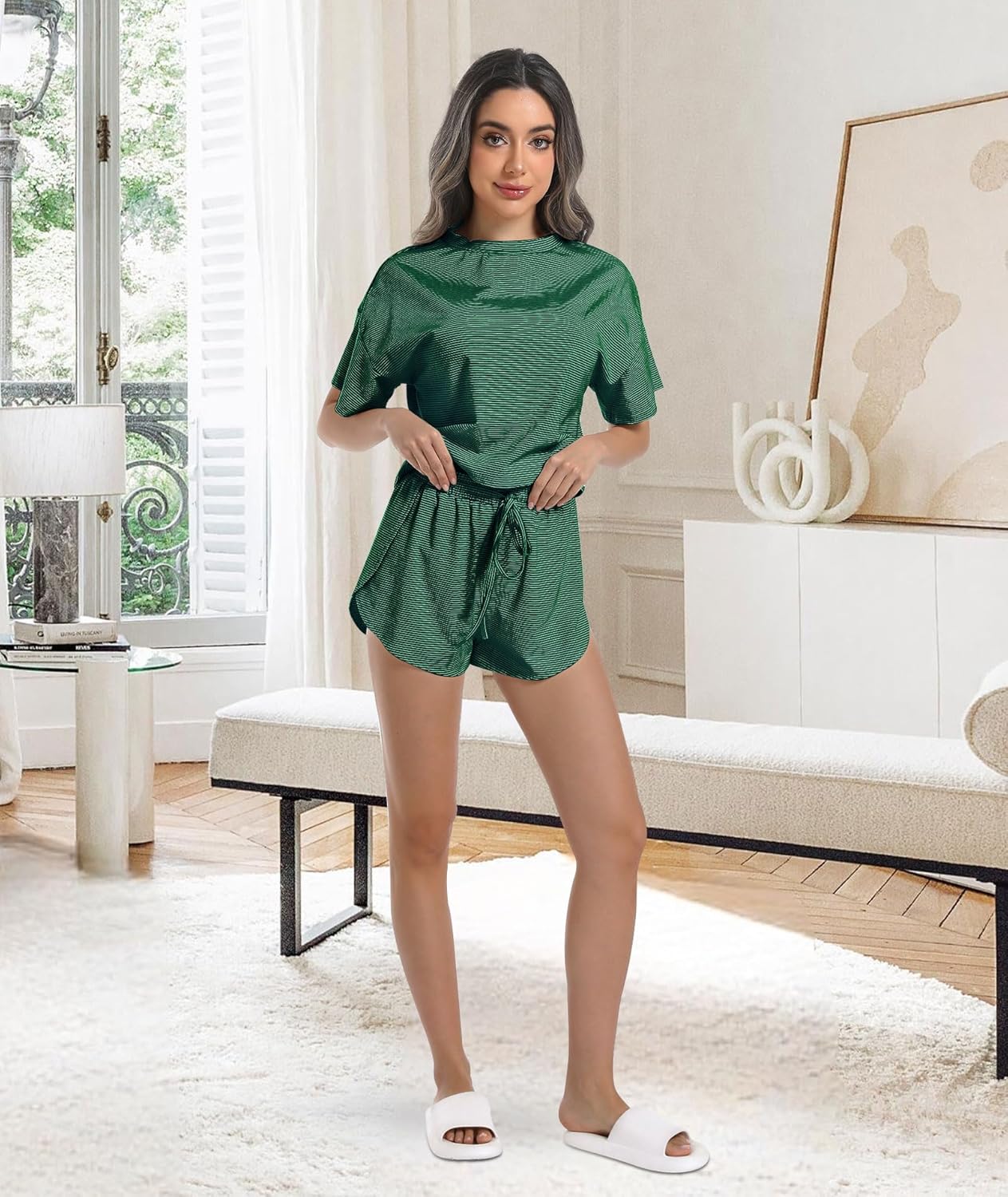 Allmloers Womens Split Short Pajama Set Striped Short Sleeve Crewneck Tee and Side Slit Sleepwear Set 2 Piece Cotton Pjs Set - Image 6