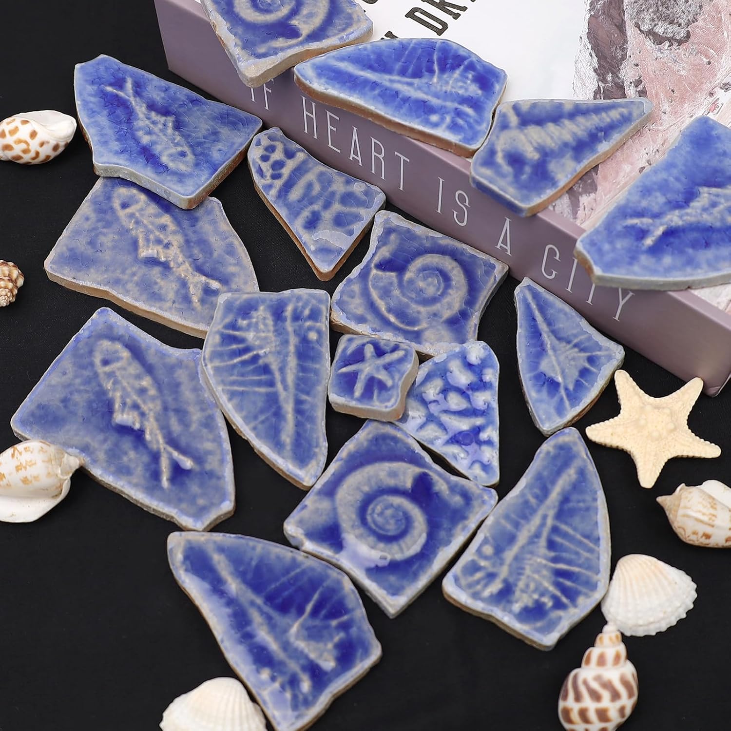 Woration 1.1LB Ceramic Mosaic Irregular Tiles Ocean Theme Porcelain Glazed Bulk Broken Pieces Tiles Craft DIY for Floor Kitchen Pool Garden Making Supplies - Blue