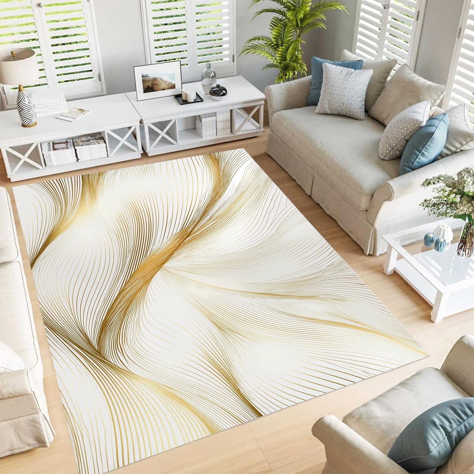 Doux moquette pour chambre et tapis de salon artistique aux lignes dorées