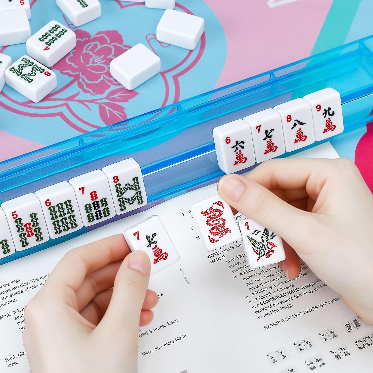 Mahjong Set, 166 White Mahjong Tile Tiles, 4 Colors Racks, Travel Set with Blue Carrying Bag image 2
