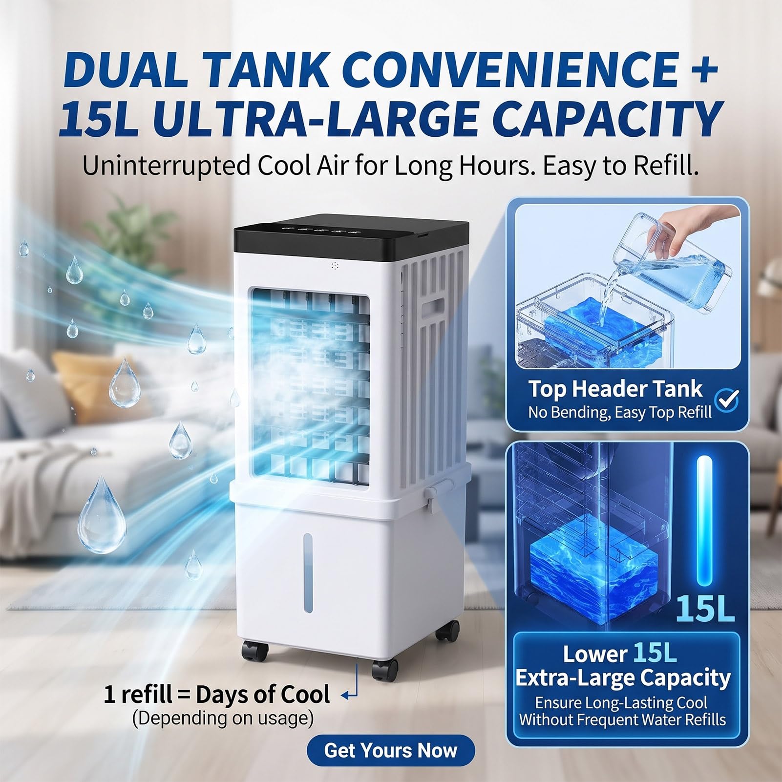 Aire Acondicionado Portatil sin Tubo Exterior, Tanque de Agua de 15L 4 Cristales de Hielo 3 Potentes Velocidades de Ventilador Air Conditioner Cooler Fan