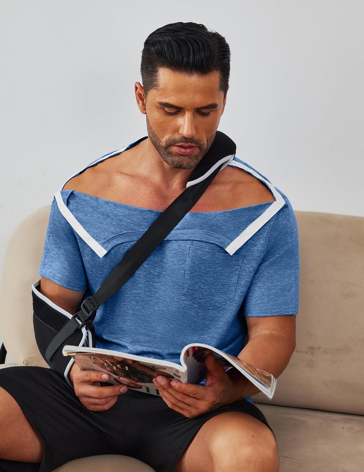 Deyeek Men's Post Shoulder Surgery Shirts Recovery Tear Away Short Sleeve Full Open Side Snap Adaptive Chemo Clothing - Image 7