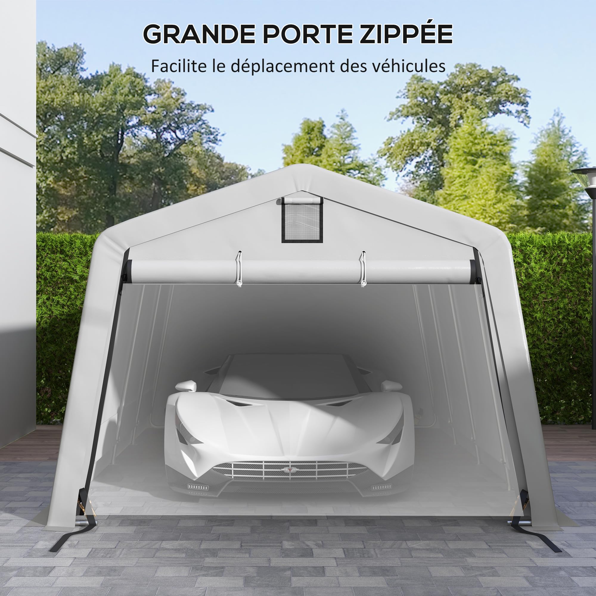 Outsunny Tente garage carport dim. 6,2L x 3,3l x 2,4H m robusto acciaio zincato PE ad alta densità 150 g/m² impermeabile anti-UV, 1 porta grigia e 2 prese d'aria