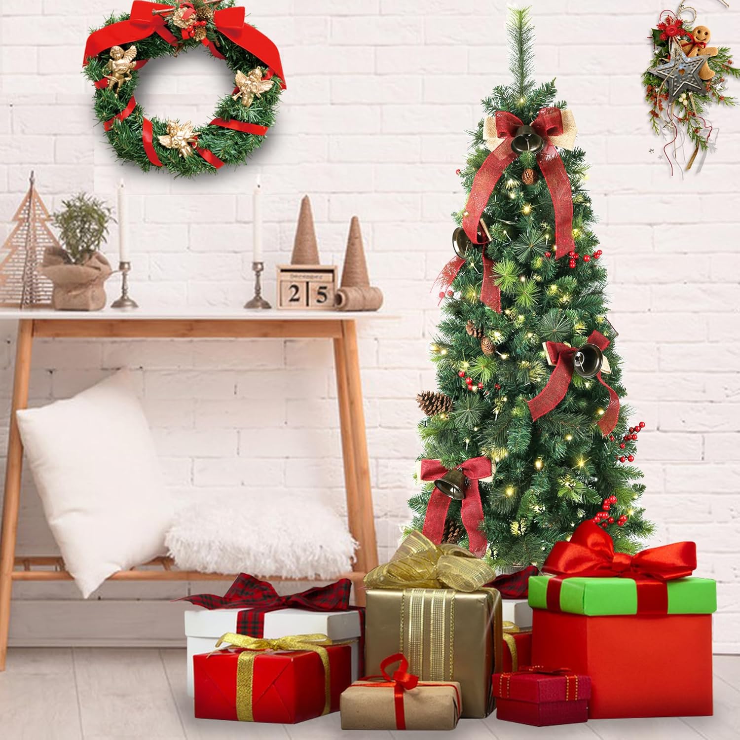 5ft Pre-Lit Christmas Tree,Potted Artificial Pine Xmas Tree 300 Branches Tips,Decorated with 150 LED White Lights & 8 Red Berries & 4 Pinecone & 5 Bow Tie & 5 Bell for Home or Office