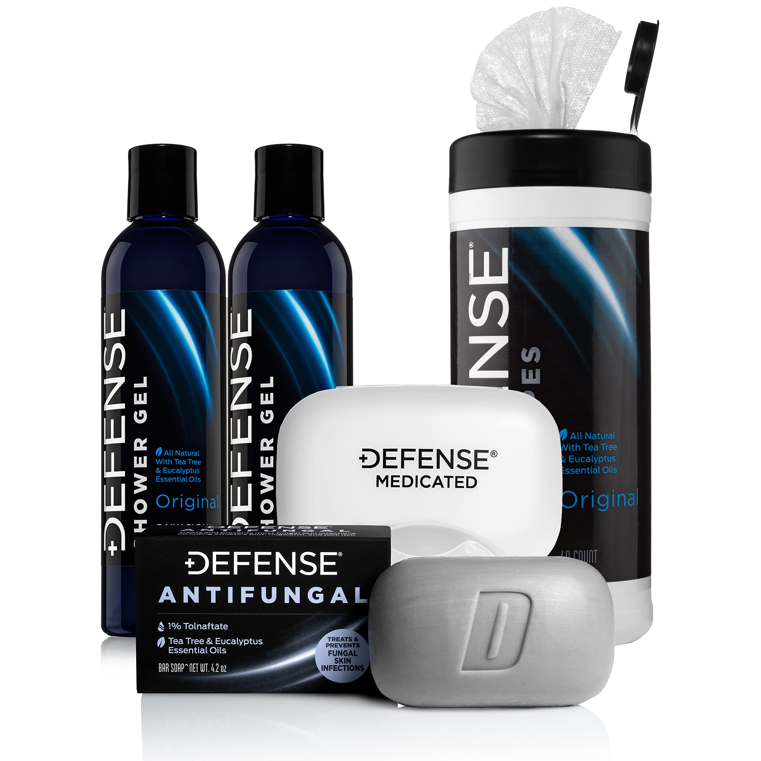 Defense SoapOriginal Body Wash Shower Gel 8 Oz (Pack of 2), Defense Original Body Wipes 40 Count, & Defense Antifungal Medicated Bar Soap