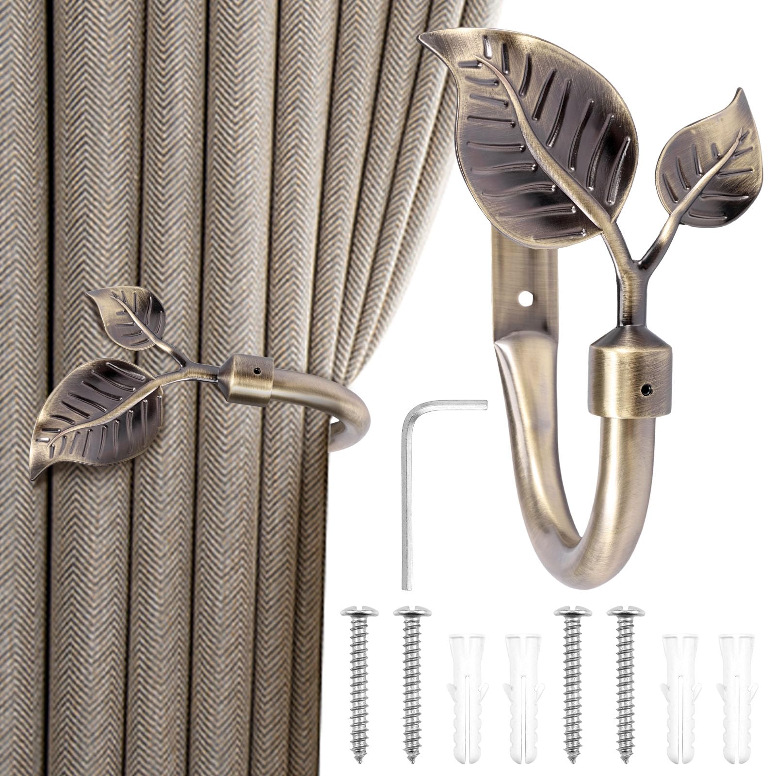2 Pcs Metal Leaf Shape Curtain Holdback with Screws Accessories, Metal Curtain Side Holders for Wall, Wall Mounted Decorative Tieback for Living Room Bedroom Office Home(Copper Color)