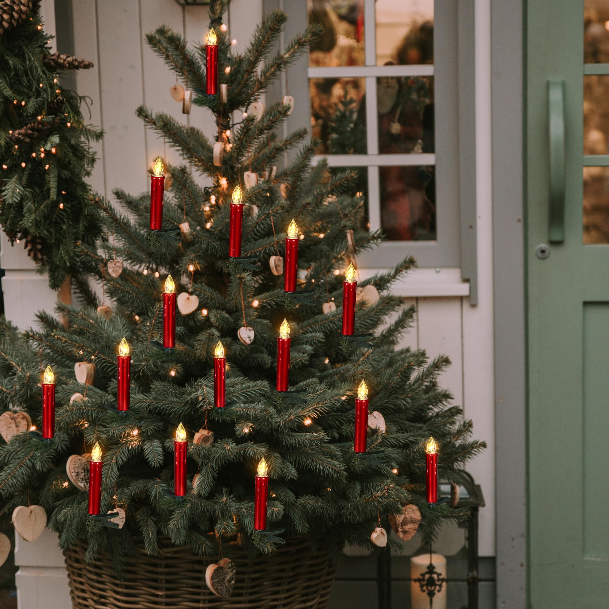 FREEPOWER 20 Velas LED árbol de Navidad Rojas con Mando a Distancia Temporizador Parpadeantes, Blanco Cálido, Velas LED Navidad, Funciona con Pilas, Interior y Exterior Impermeable（Incluye 20 pilas）
