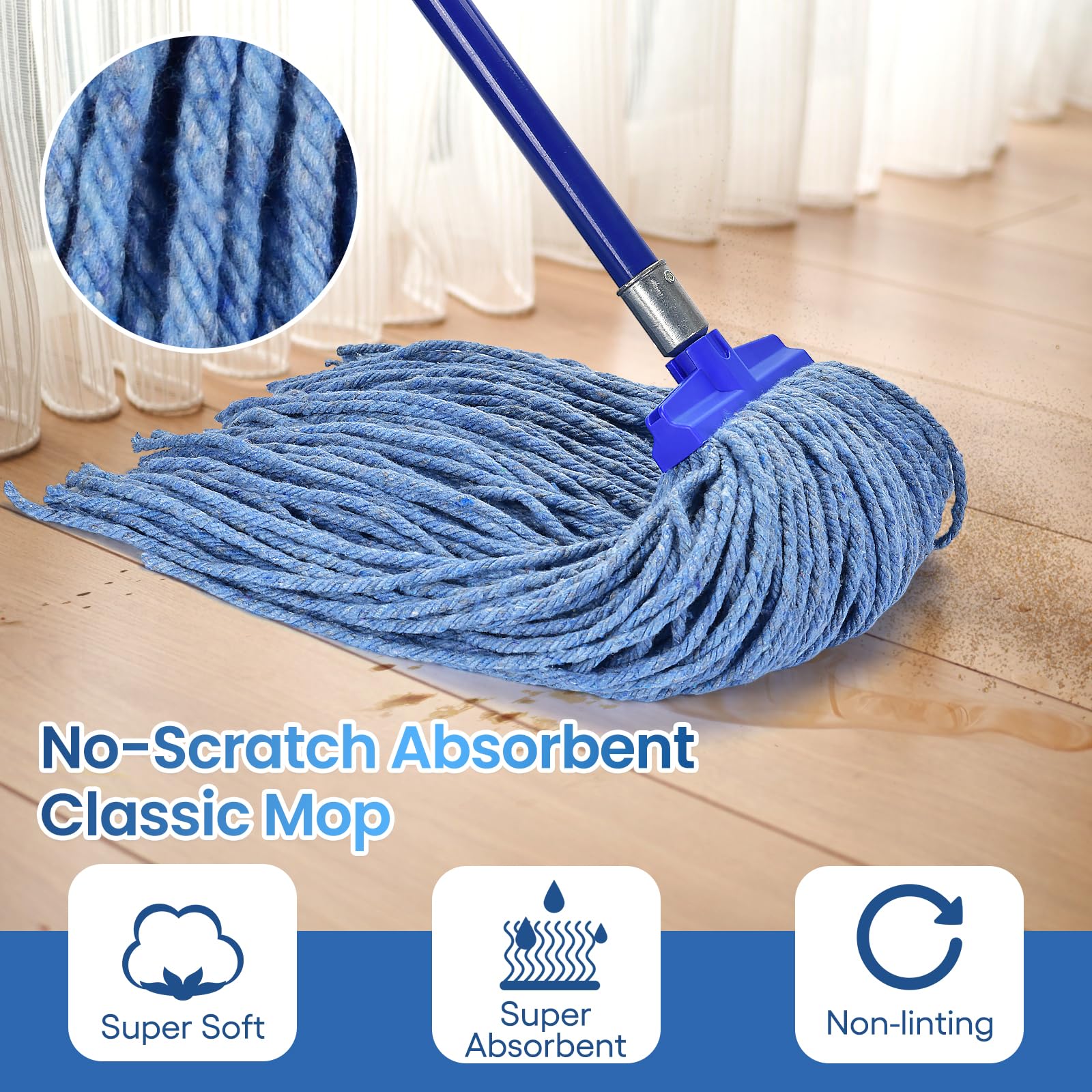 Matthew Cleaning - Cabezales de repuesto para mopa húmeda de algodón resistente (azul, grande, 12 unidades) con 2 paños de microfibra para uso residencial y comercial de limpieza de suelos, ajuste