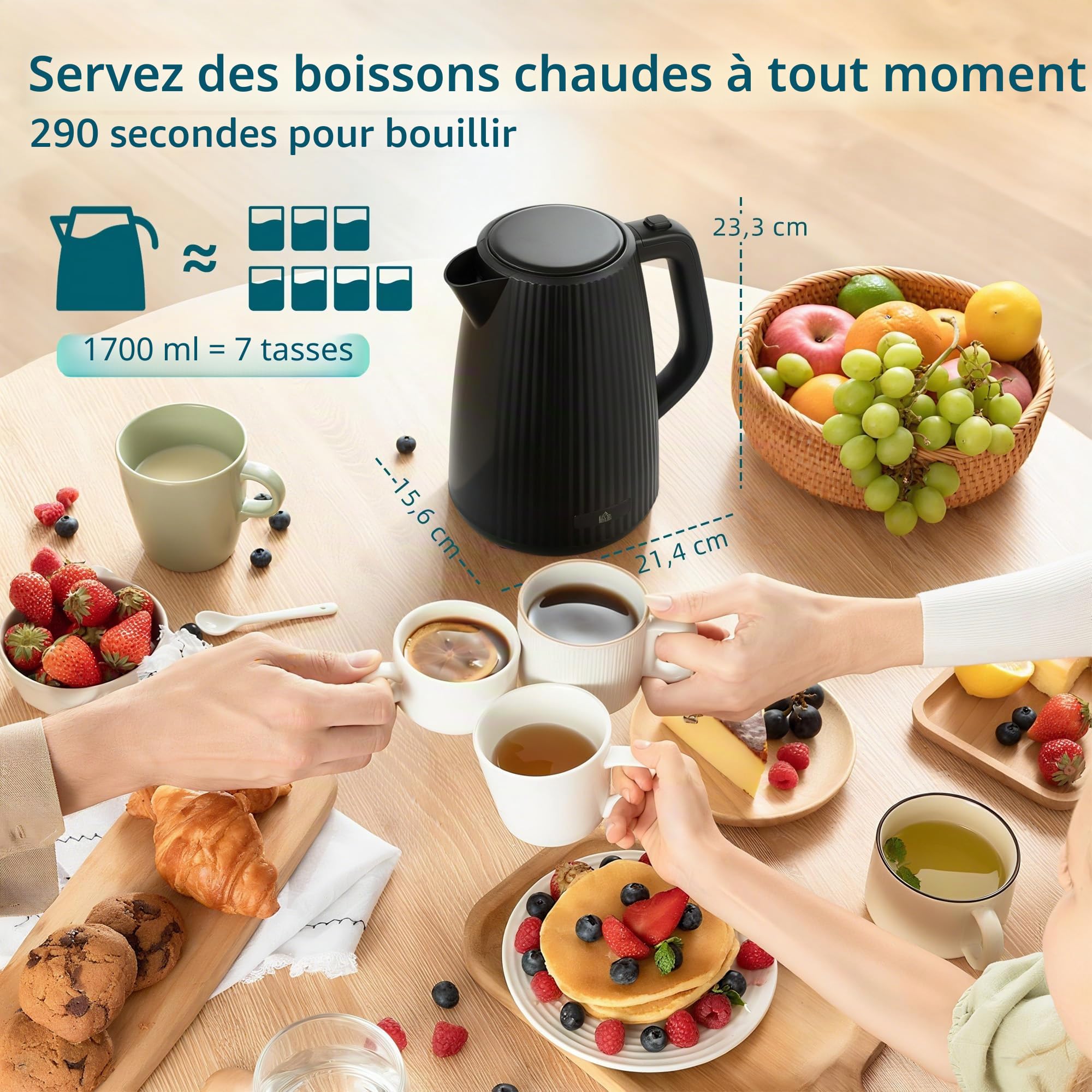 HOMCOM Bouilloire électrique Grille-pain Cuiseur à œufs Set 1,7 L 2200 W Acier inoxydable Bouilloire rapide avec filtre anti-calcaire Grille-pain 4 tranches avec 7 niveaux de brunissage Cuiseur à