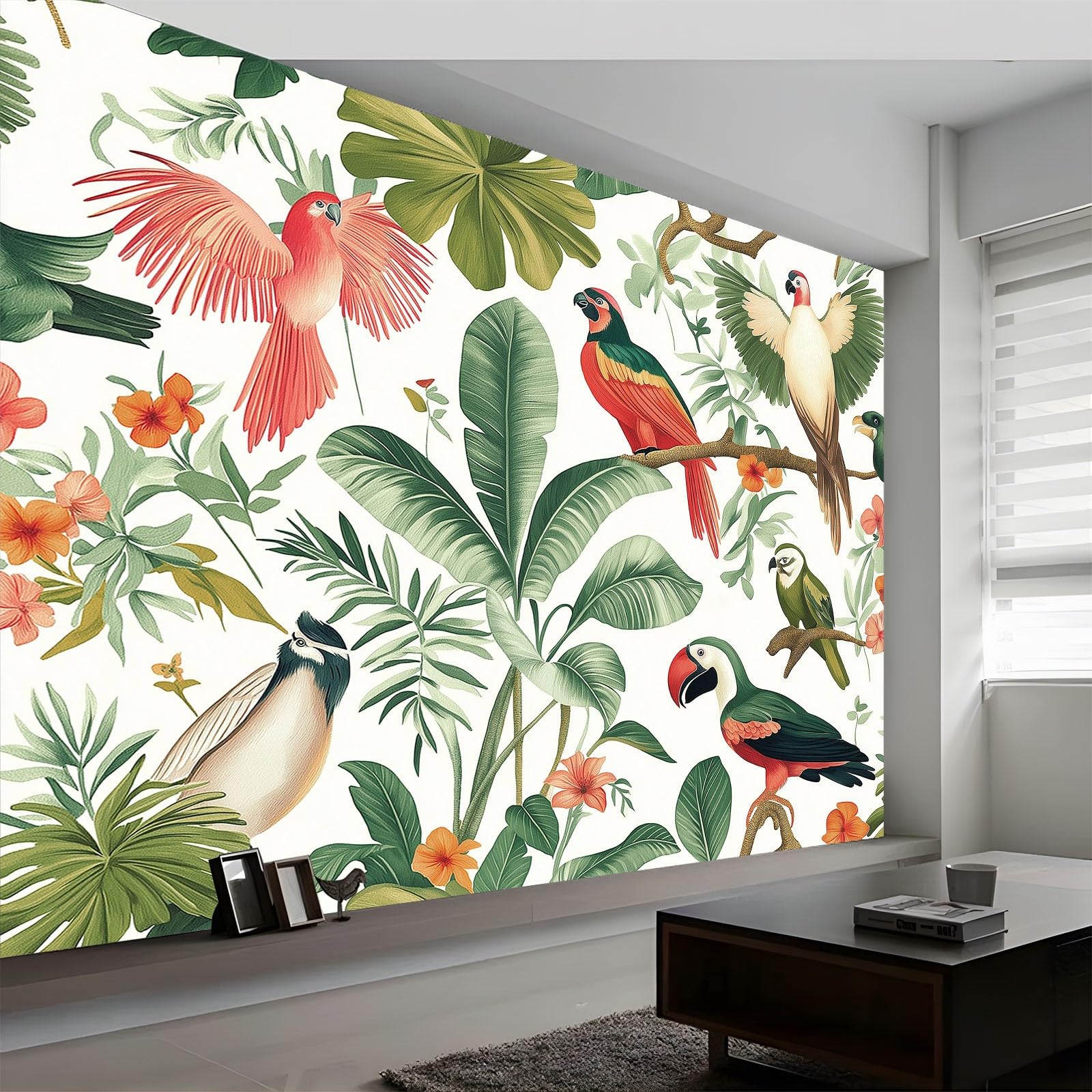 Generico Tropikalny las deszczowy ptaki liście tapeta efekt 3D, 500 x 280 cm Fototapeta włókninowa | Dekoracja ścienna tapeta do sypialni, zielona