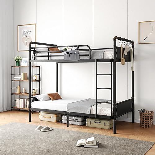 Vista 9 de Litera Doble sobre Doble, literas de metal resistente con escalera y barandilla de longitud completa, convertible en 2 camas individuales