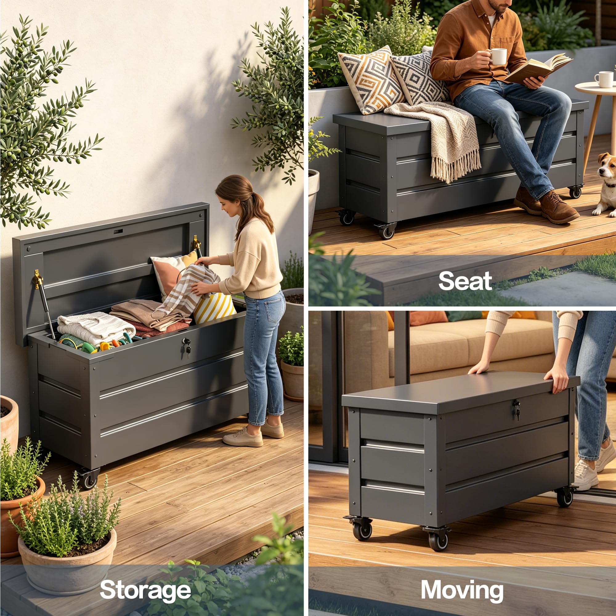 Gartenbox aus Metall mit Rädern und Schlössern 656L | Outdoor Kissenbox für den Garten mit Rostfeste Beschichtung | Outdoor Aufbewahrungsbox/Auflagenbox wasserdicht für Kissen - 158x63x66cm